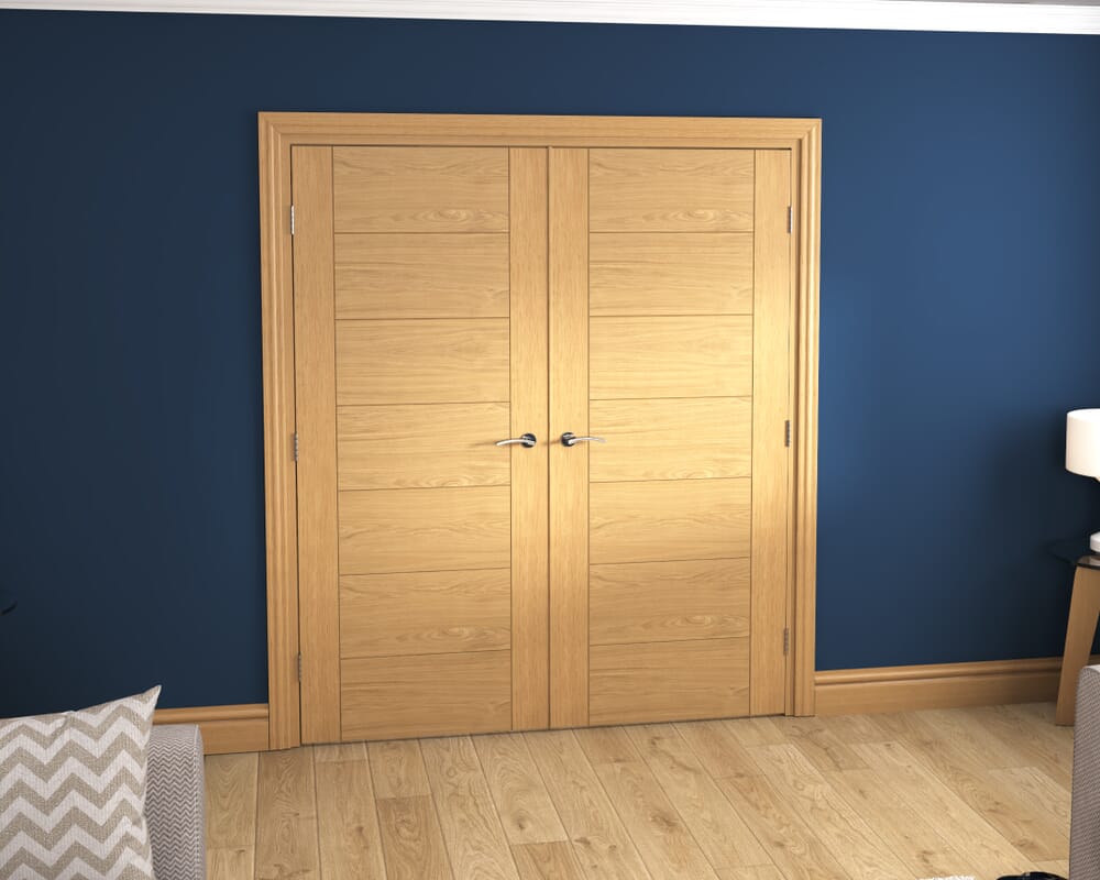 1732x2021x133mm Modern 7 Panel Oak Prefinished French Door Set
