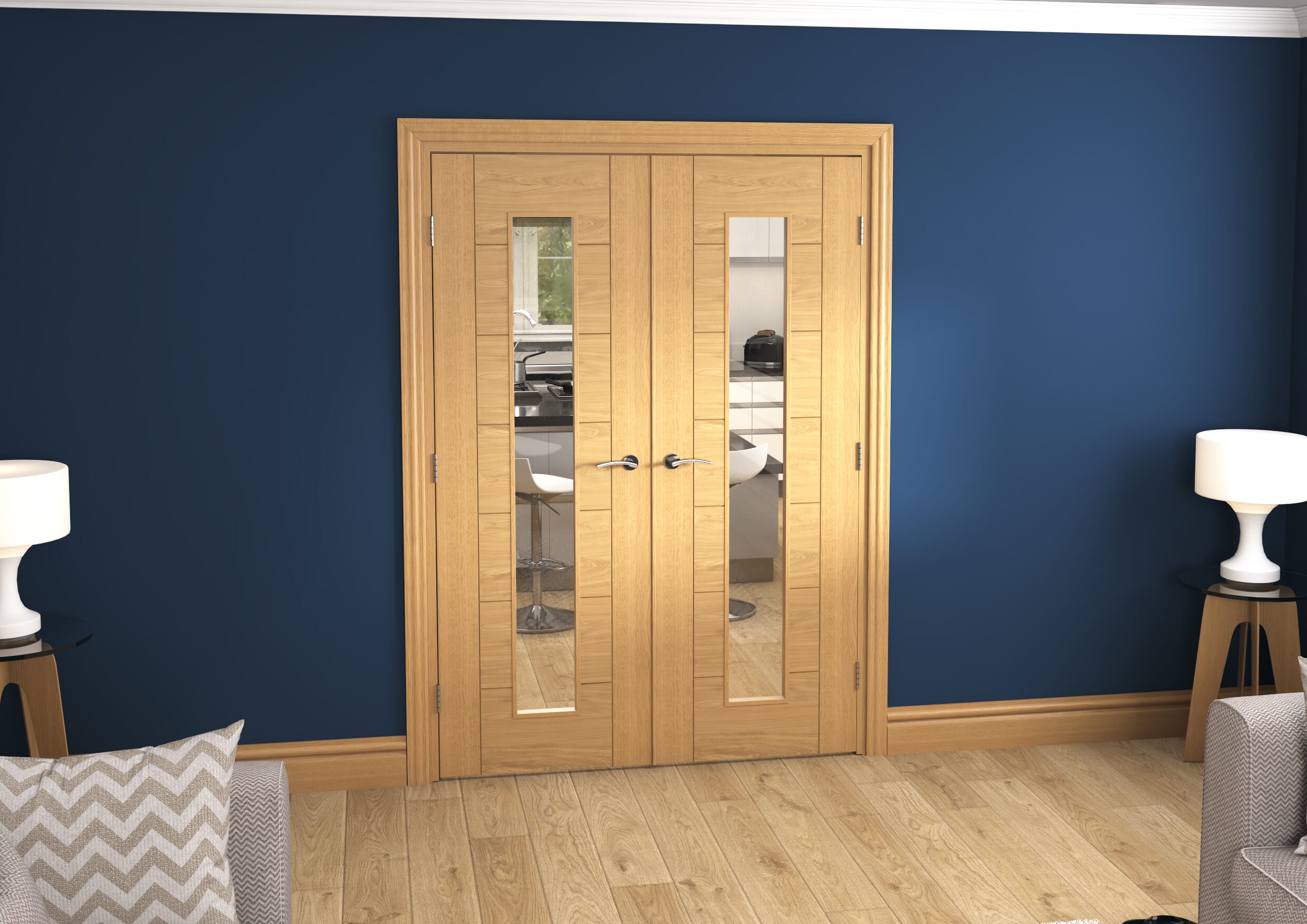 1428x2021x133mm Modern 7 Panel Oak Clear Glazed Prefinished French Door Set