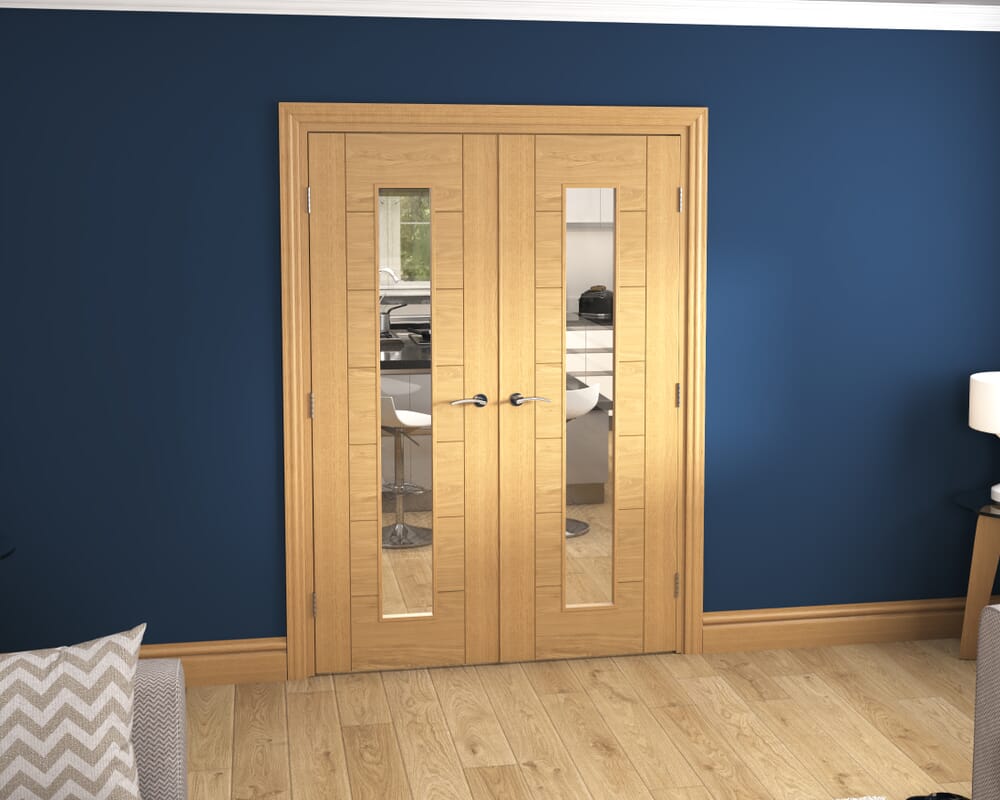 1428x2021x133mm Modern 7 Panel Oak Clear Glazed Prefinished French Door Set