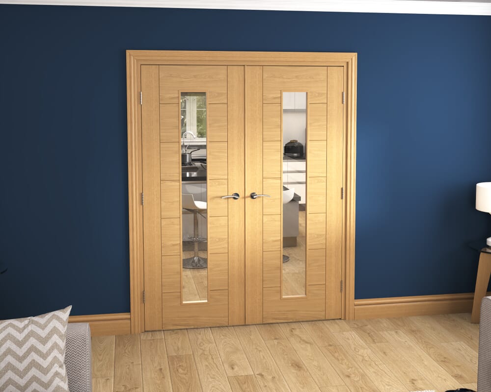1580x2021x133mm Modern 7 Panel Oak Clear Glazed Prefinished French Door Set