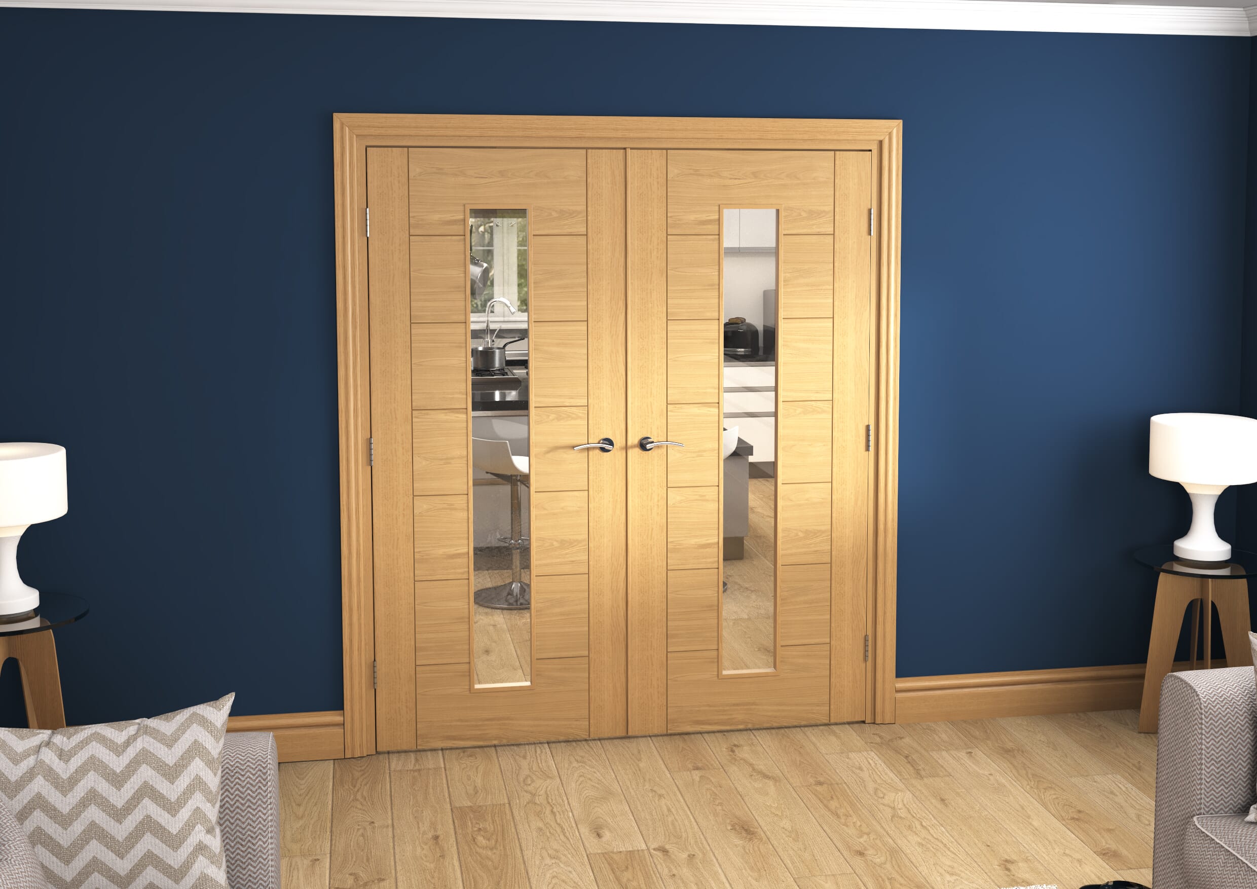 1732x2021x133mm Modern 7 Panel Oak Clear Glazed Prefinished French Door Set