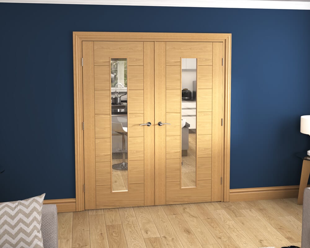 1732x2021x133mm Modern 7 Panel Oak Clear Glazed Prefinished French Door Set