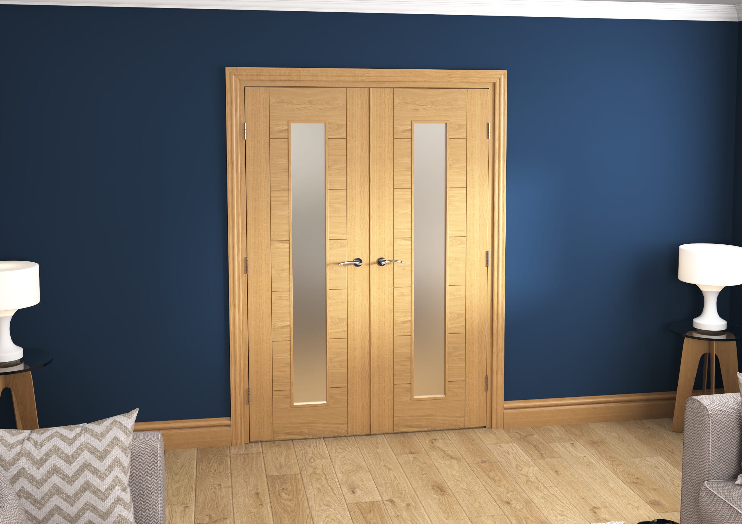 1428x2021x133mm Modern 7 Panel Frosted Glazed Prefinished French Door Set Image