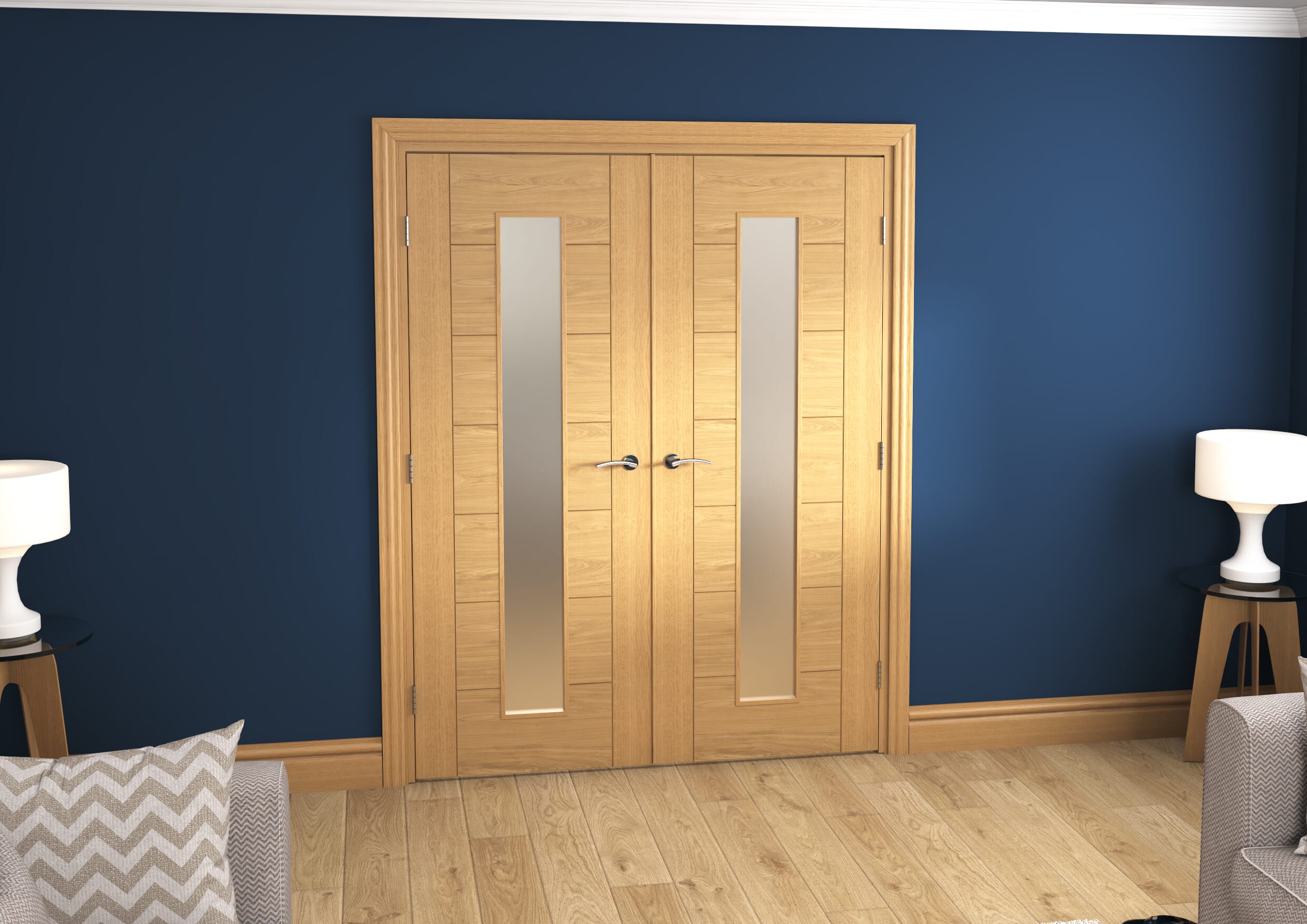 1580x2021x133mm Modern 7 Panel Frosted Glazed Prefinished French Door Set Image
