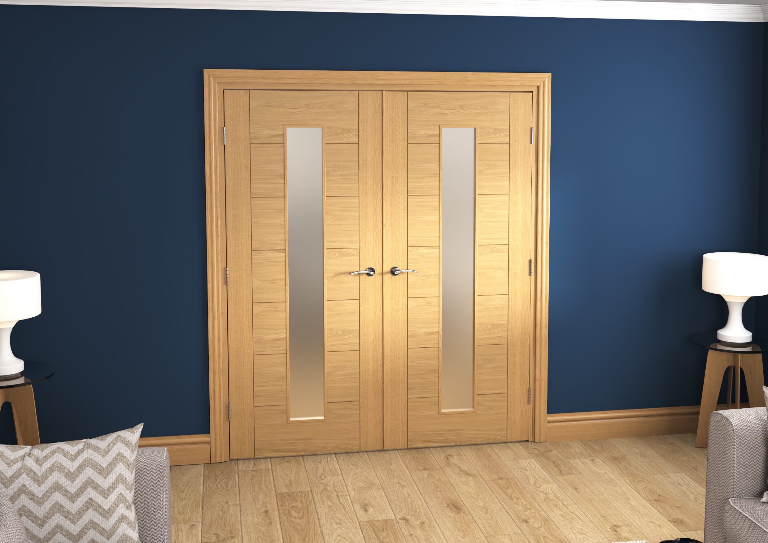 1732x2021x133mm Modern 7 Panel Frosted Glazed Prefinished French Door Set Image