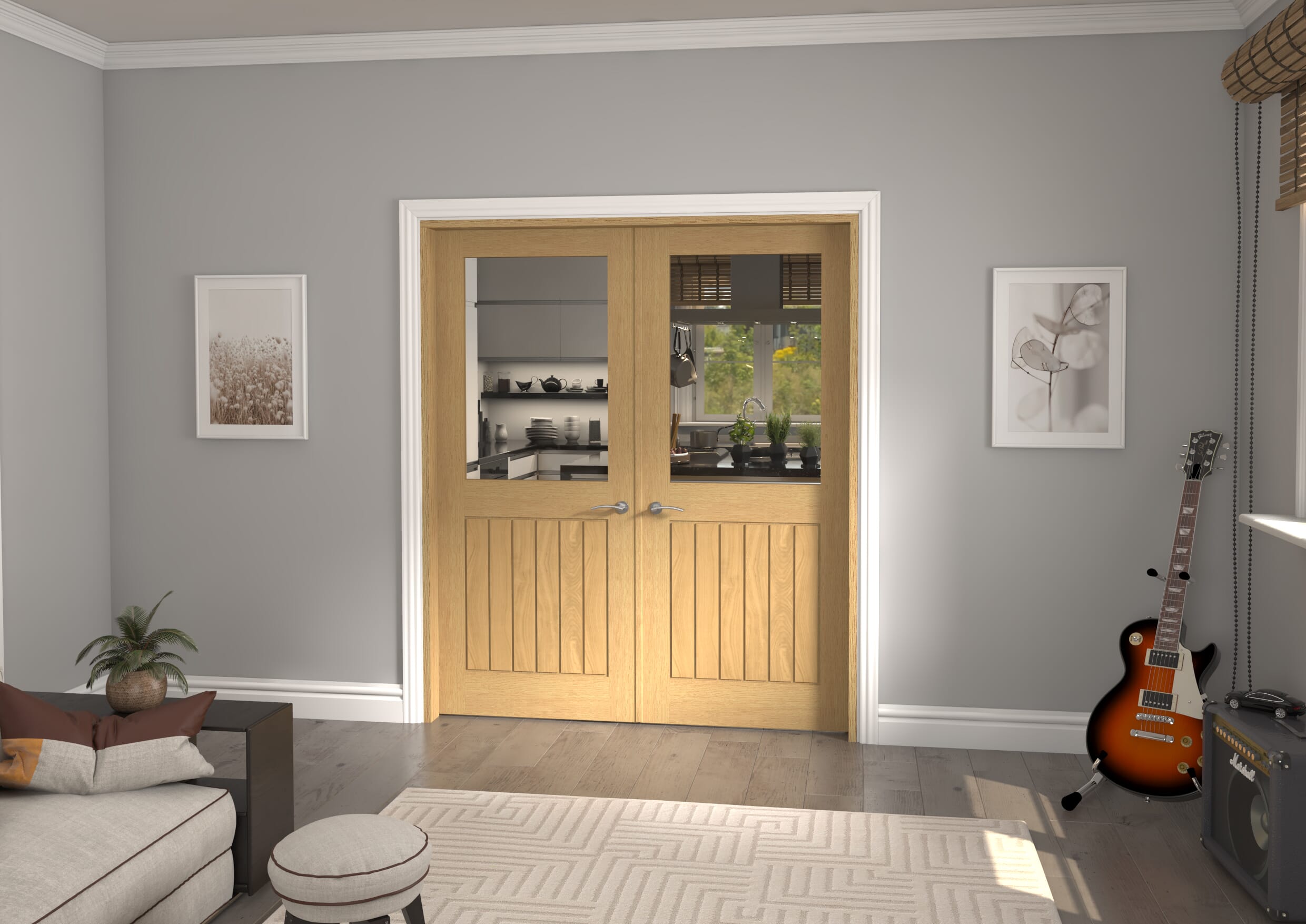 1732x2021x133mm Mexicano Clear Glazed Oak Prefinished French Door Set