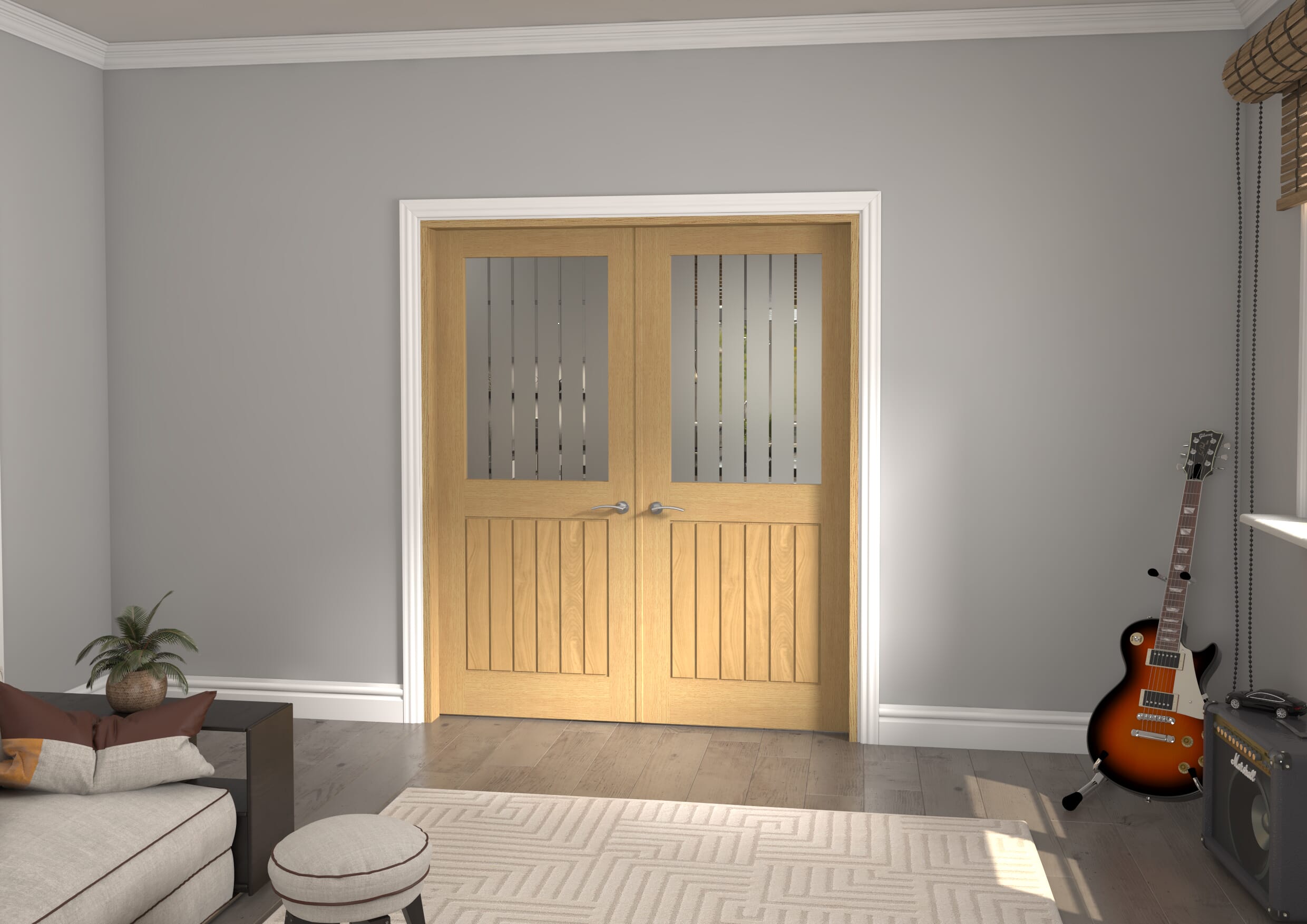 1732x2021x133mm Mexicano Frosted Glass with Clear Lines Oak Prefinished French Door Set