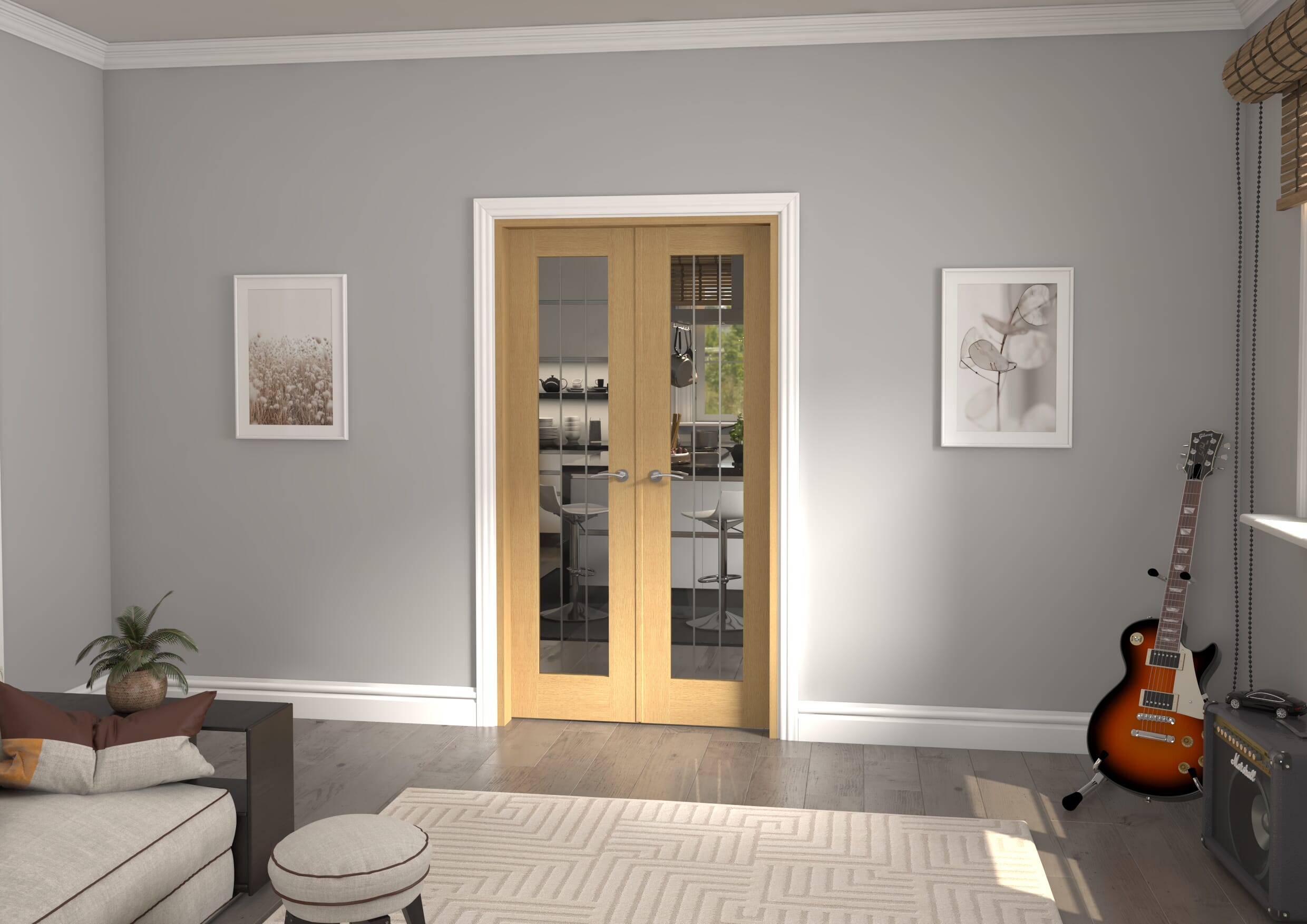 1122x2021x133mm Mexicano P10 Glazed Oak Prefinished French Door Set Image