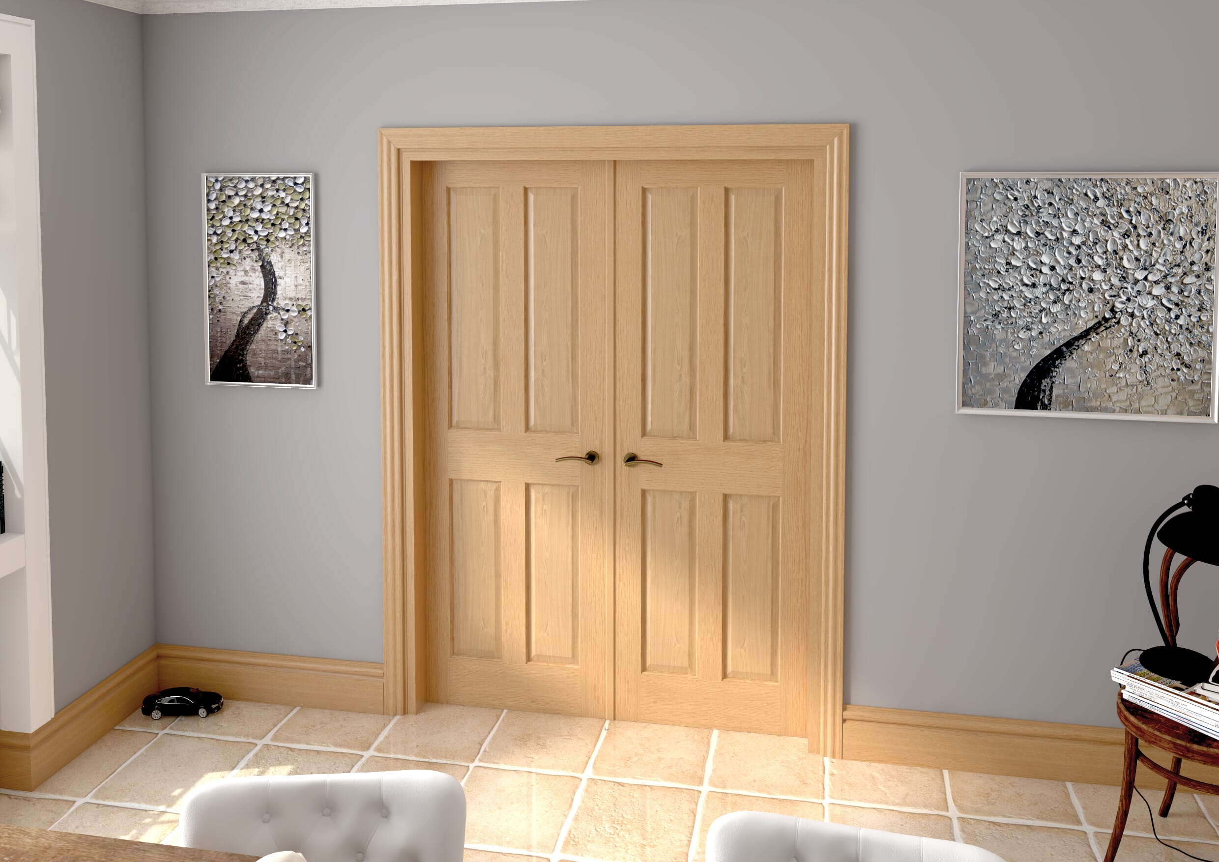 1428x2021x133mm Traditional Victorian 4 Panel Oak Prefinished French Door Set Image