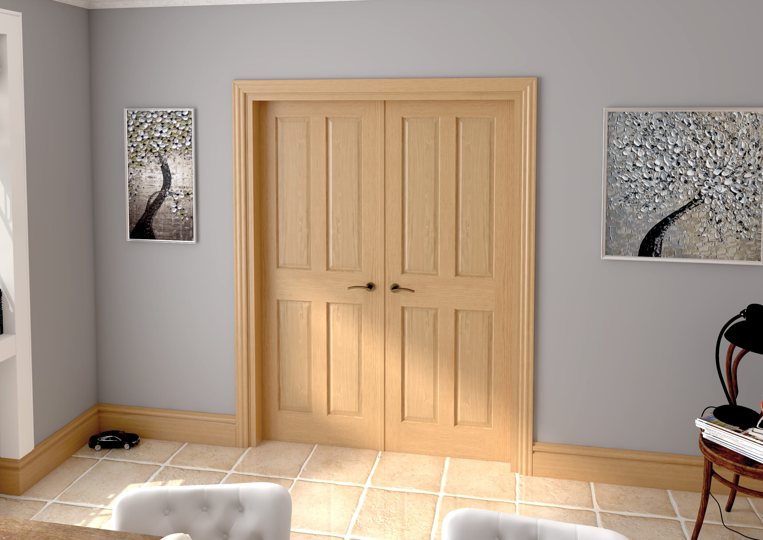 1478x2021x133mm Traditional Victorian 4 Panel Oak Prefinished French Door Set Image