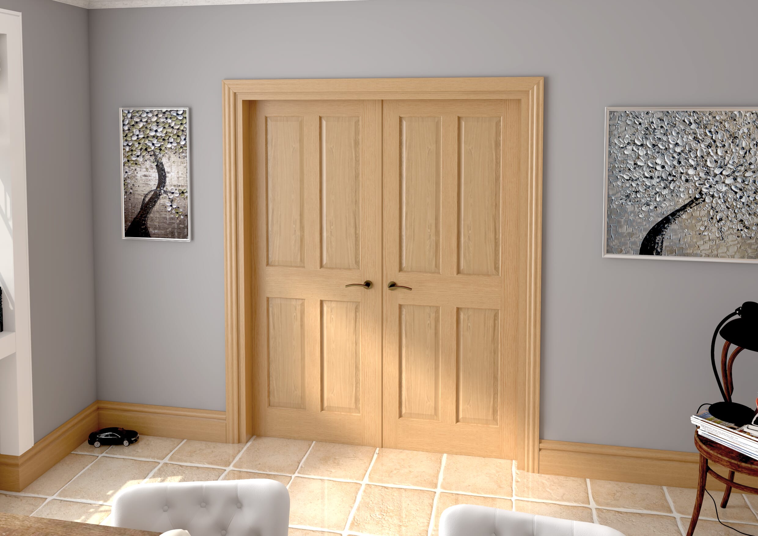 1580x2021x133mm Traditional Victorian 4 Panel Oak Prefinished French Door Set Image