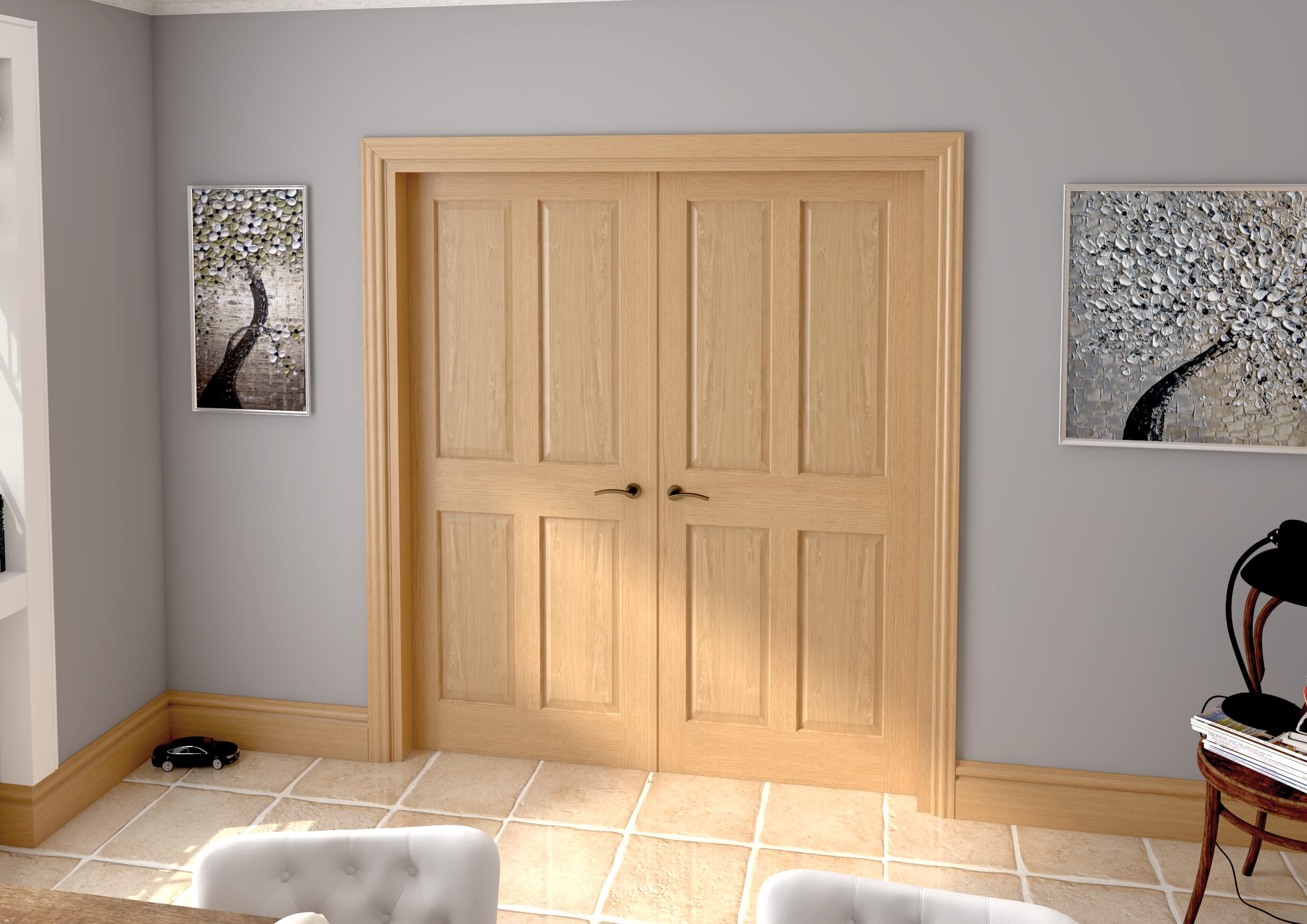 1732x2021x133mm Traditional Victorian 4 Panel Oak Prefinished French Door Set Image