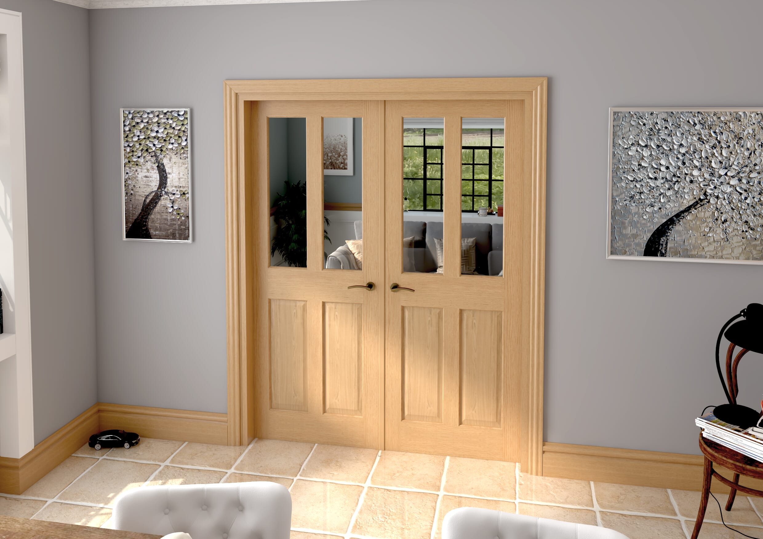 1580x2021x133mm Traditional Victorian Clear Glazed Oak Prefinished French Door Set
