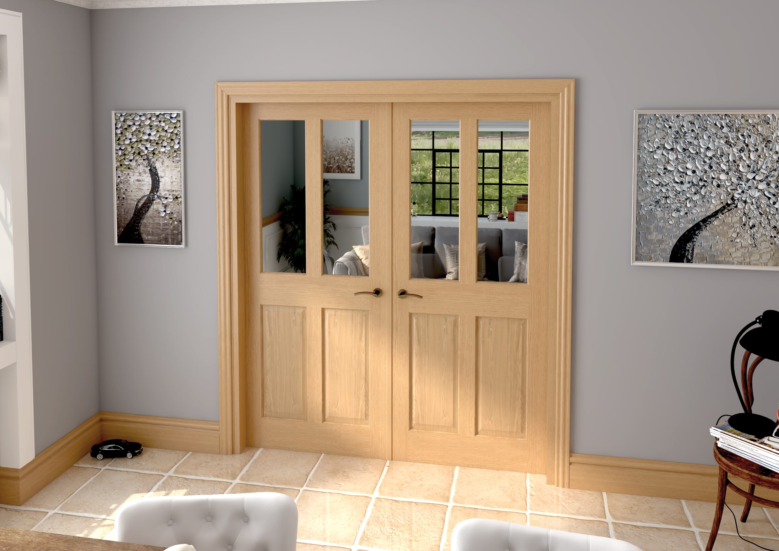 1732x2021x133mm Traditional Victorian Clear Glazed Oak Prefinished French Door Set