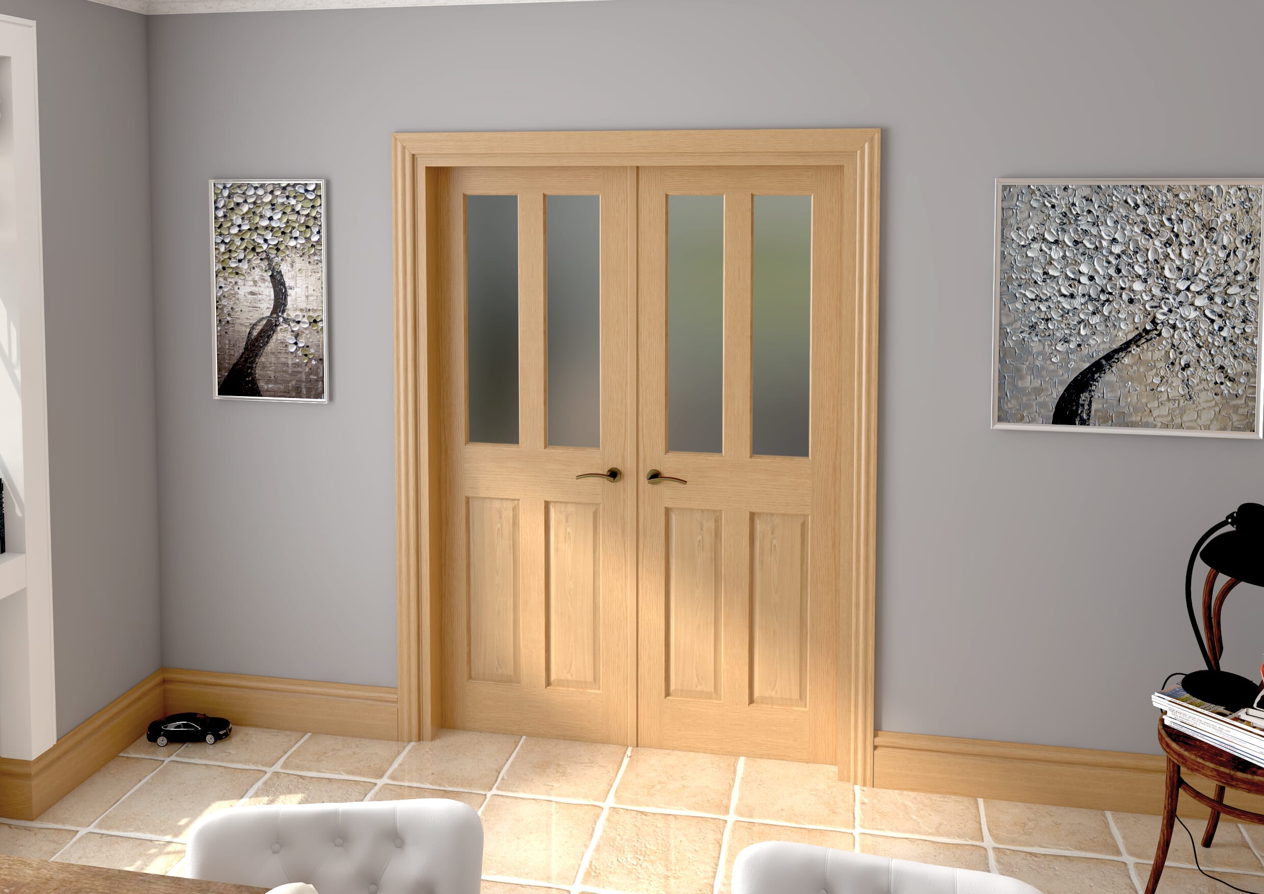 1428x2021x133mm Traditional Victorian Frosted Glazed Oak Prefinished French Door Set