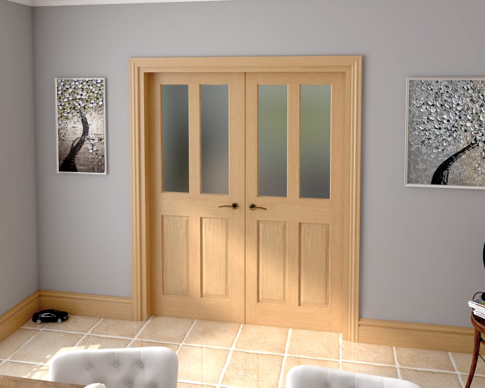 1580x2021x133mm Traditional Victorian Frosted Glazed Oak Prefinished French Door Set
