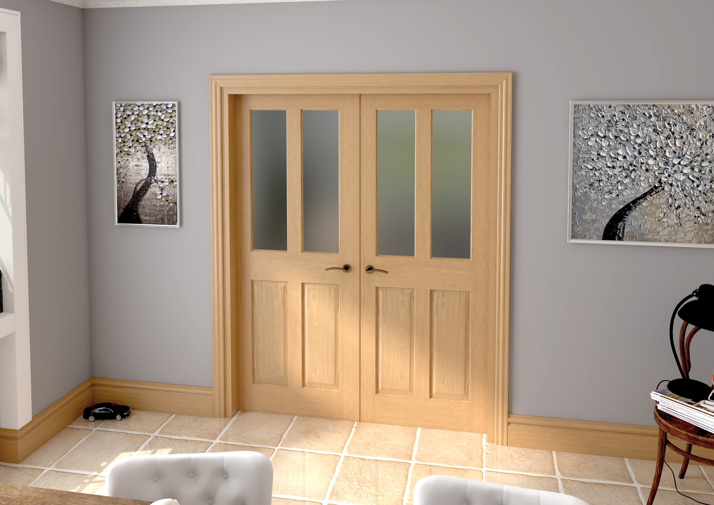 1580x2021x133mm Traditional Victorian Frosted Glazed Oak French Door Set
