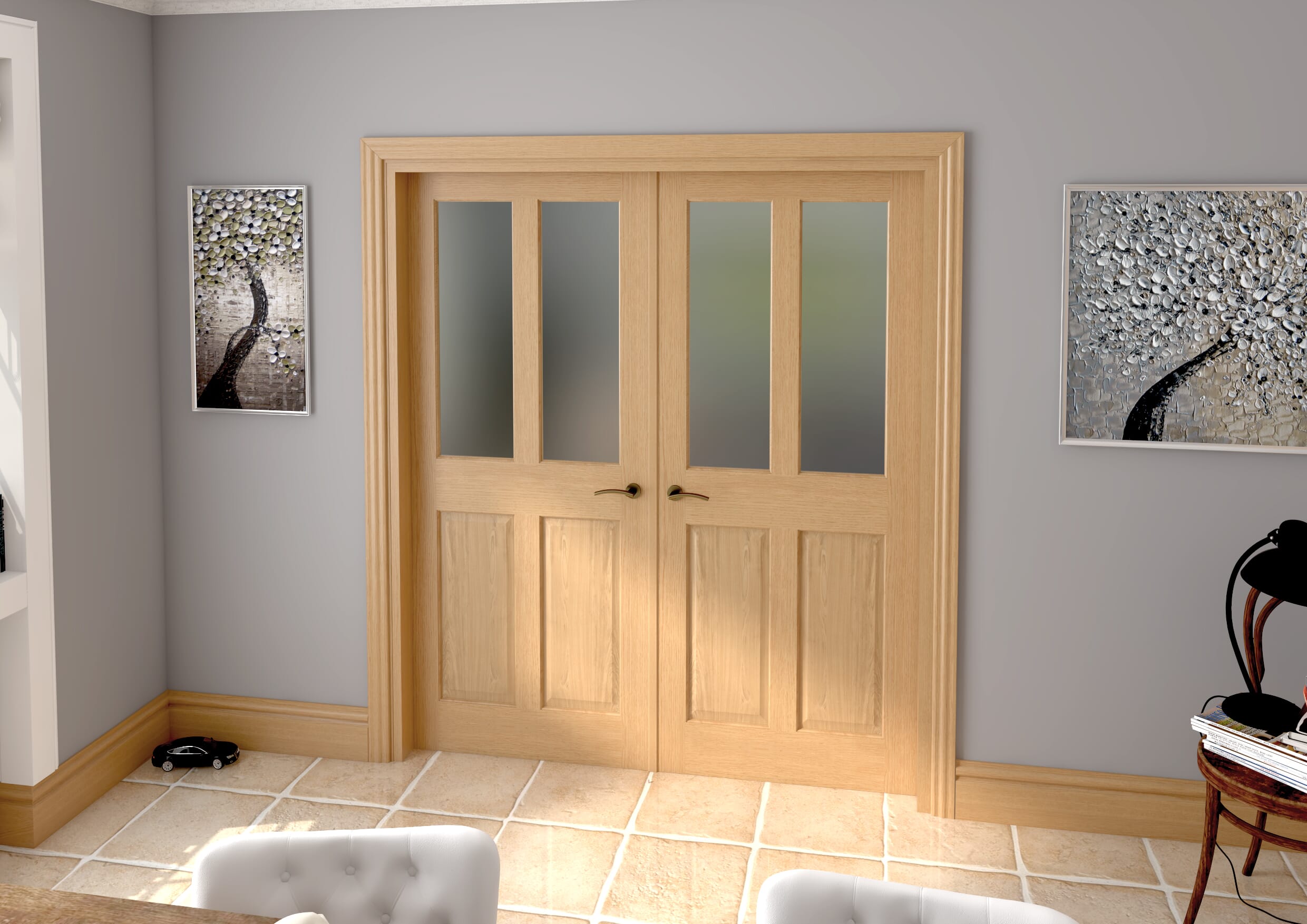 1732x2021x133mm Traditional Victorian Frosted Glazed Oak French Door Set