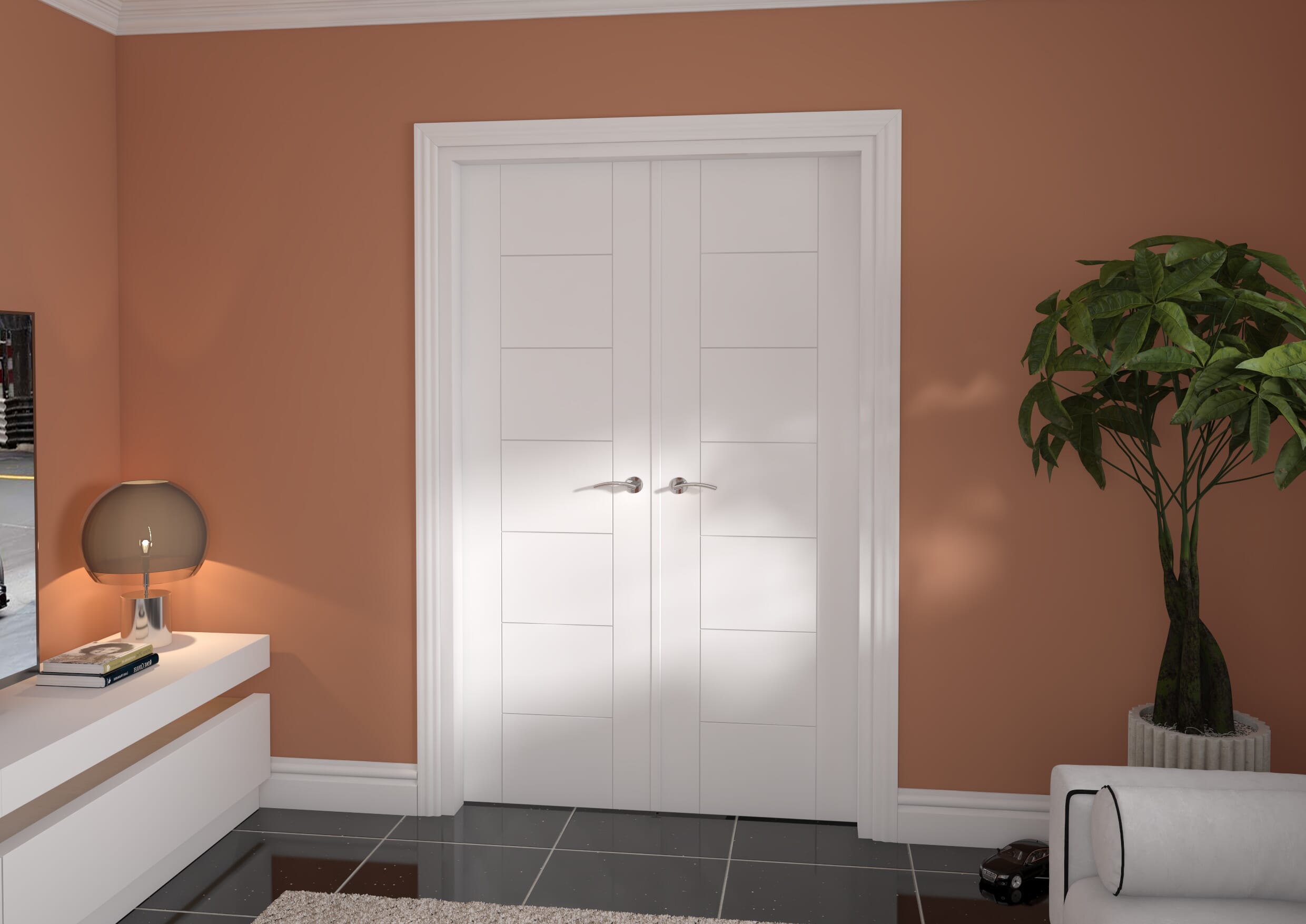 1276x2021x133mm Modern 7 Panel White French Door Set Image
