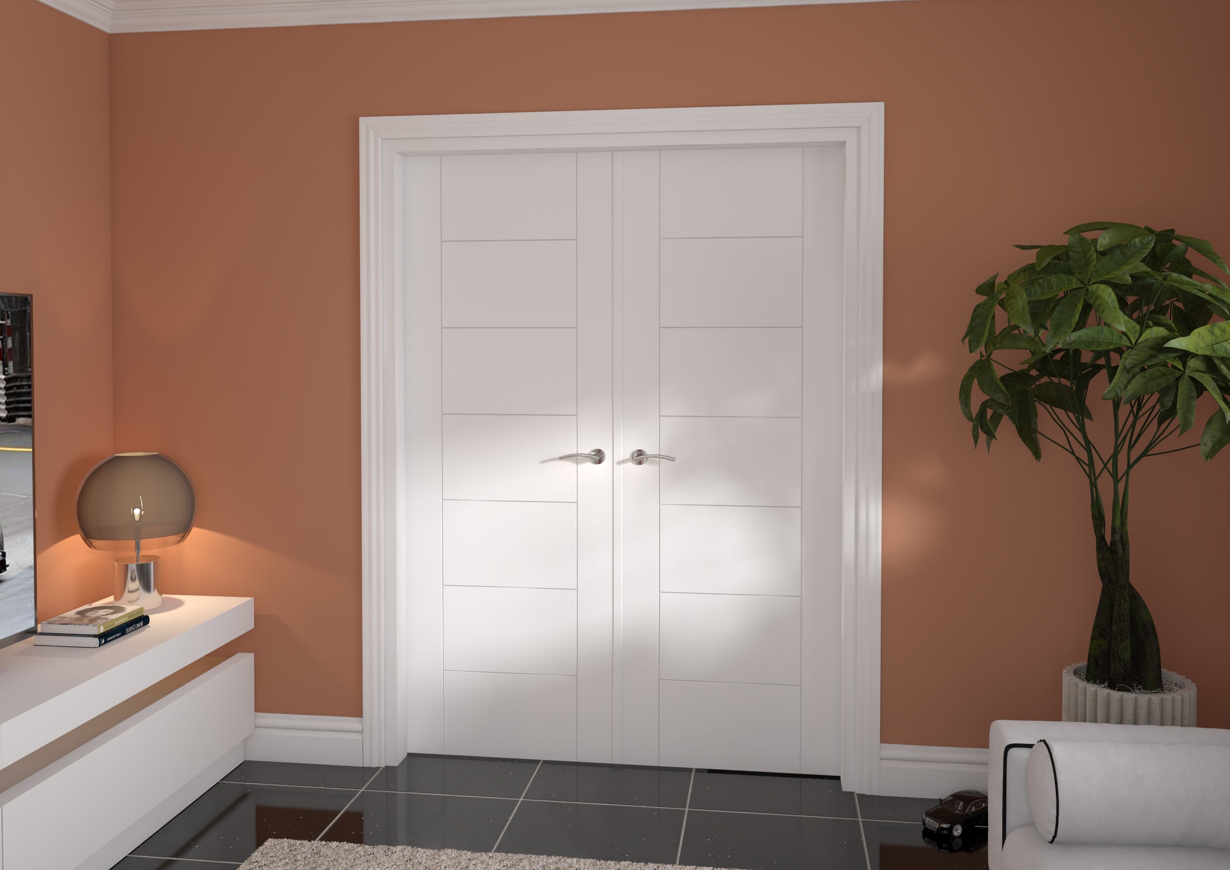 1478x2021x133mm Modern 7 Panel White French Door Set Image