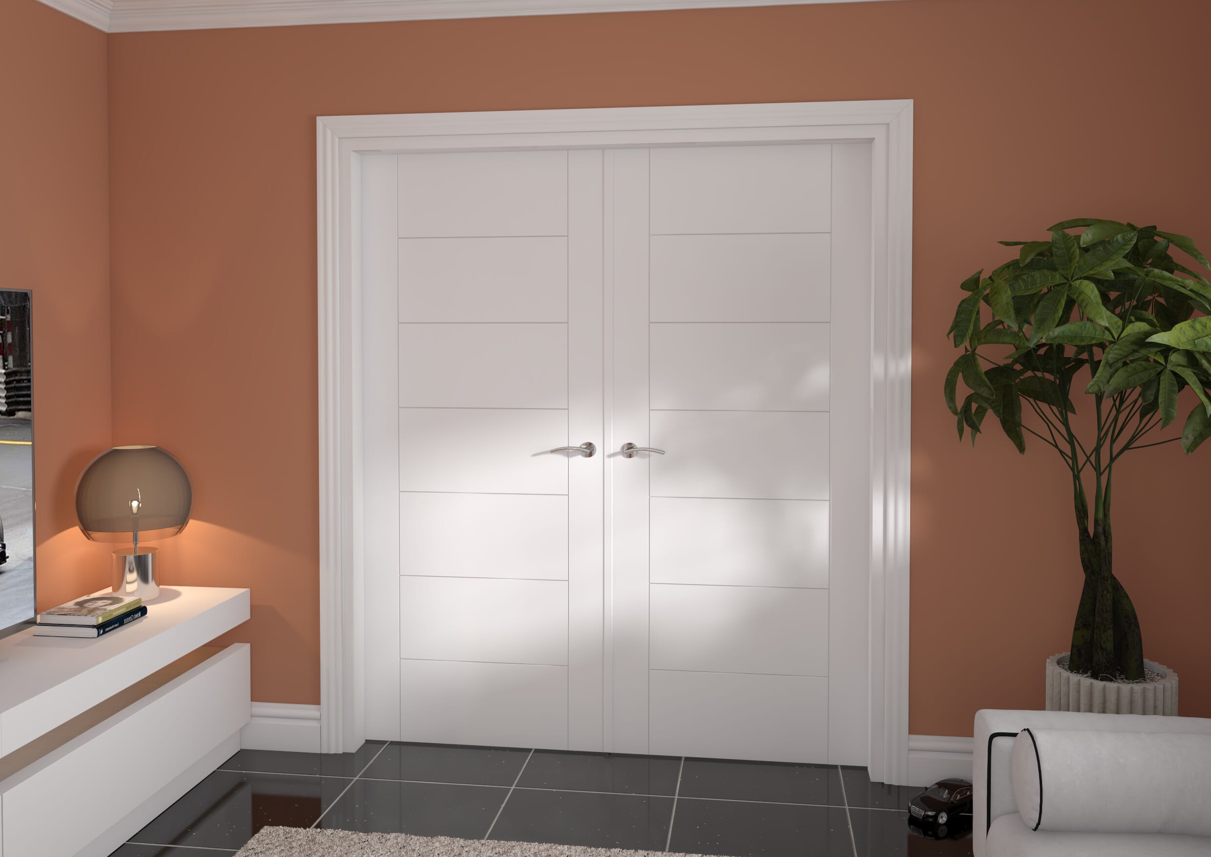 1732x2021x133mm Modern 7 Panel White French Door Set Image