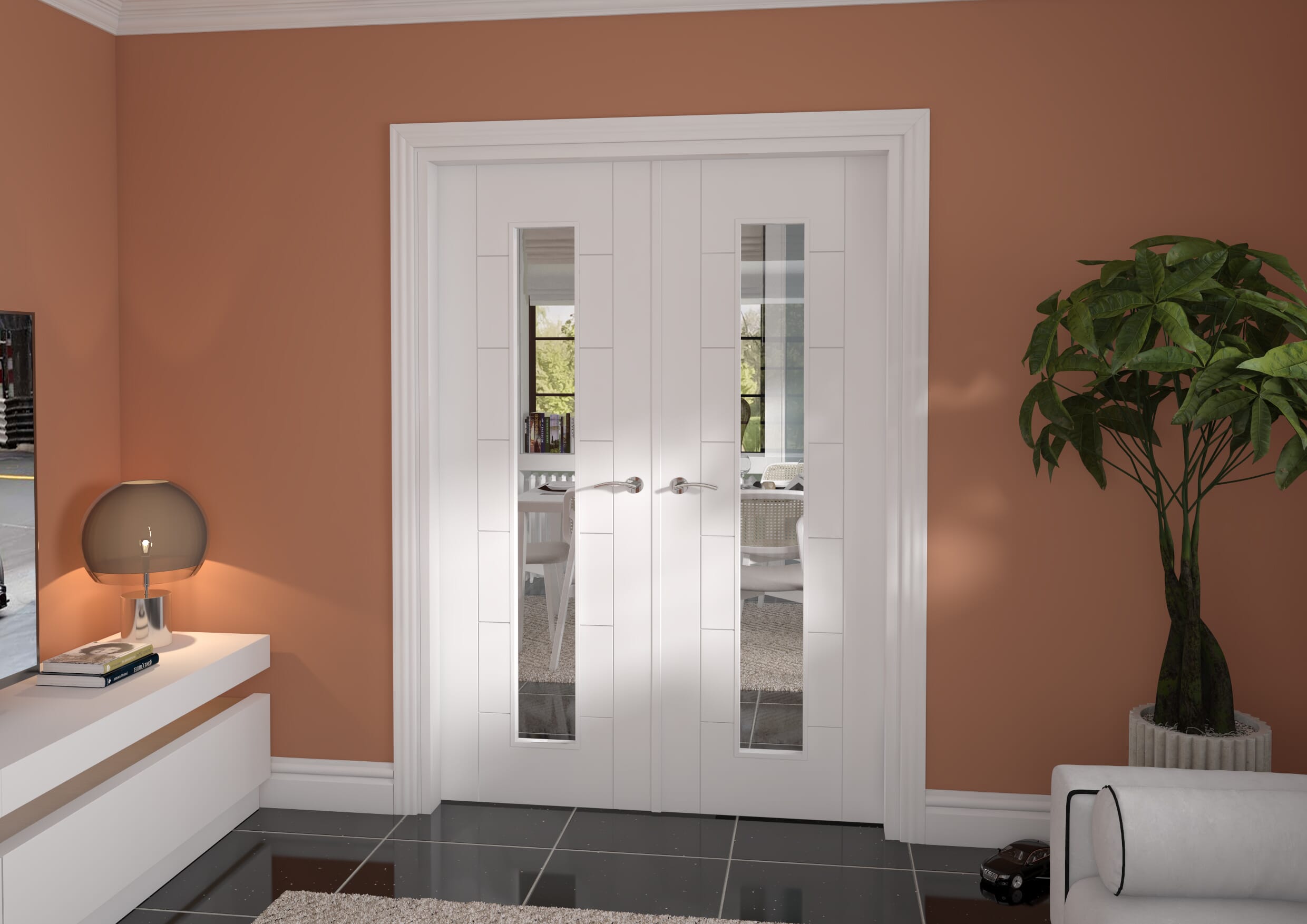 1428x2021x133mm Modern 7 Panel White Clear Glazed French Door Set Image