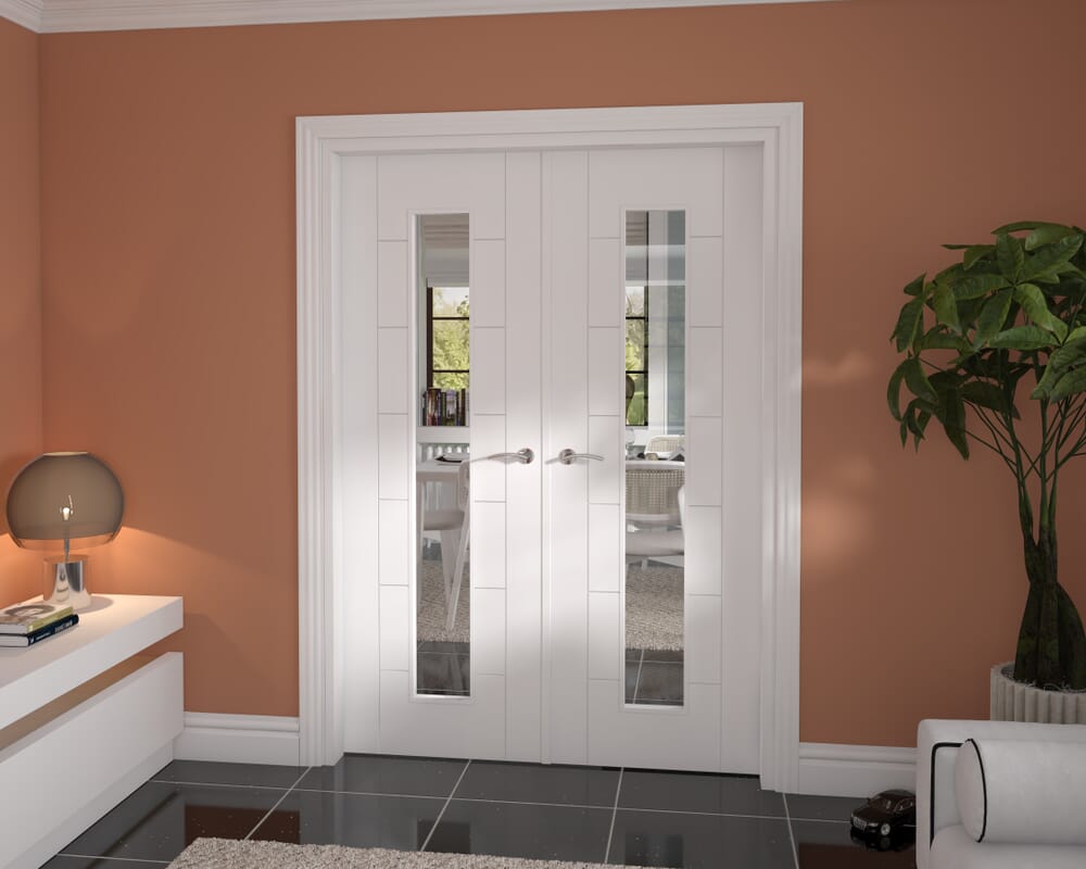 1428x2021x133mm Modern 7 Panel White Clear Glazed French Door Set