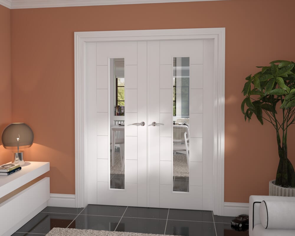 1580x2021x133mm Modern 7 Panel White Clear Glazed French Door Set