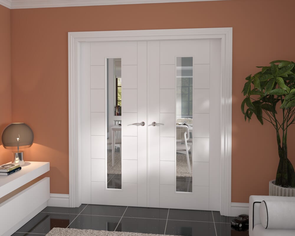 1732x2021x133mm Modern 7 Panel White Clear Glazed French Door Set