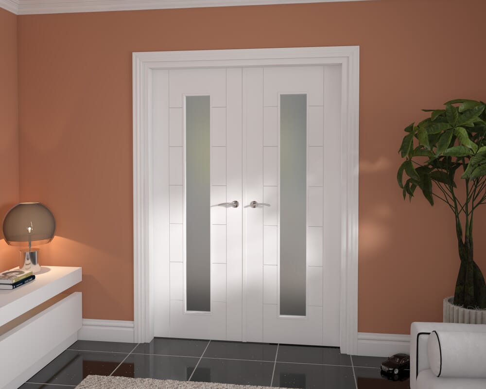 1428x2021x133mm Modern 7 Panel White Frosted Glazed French Door Set