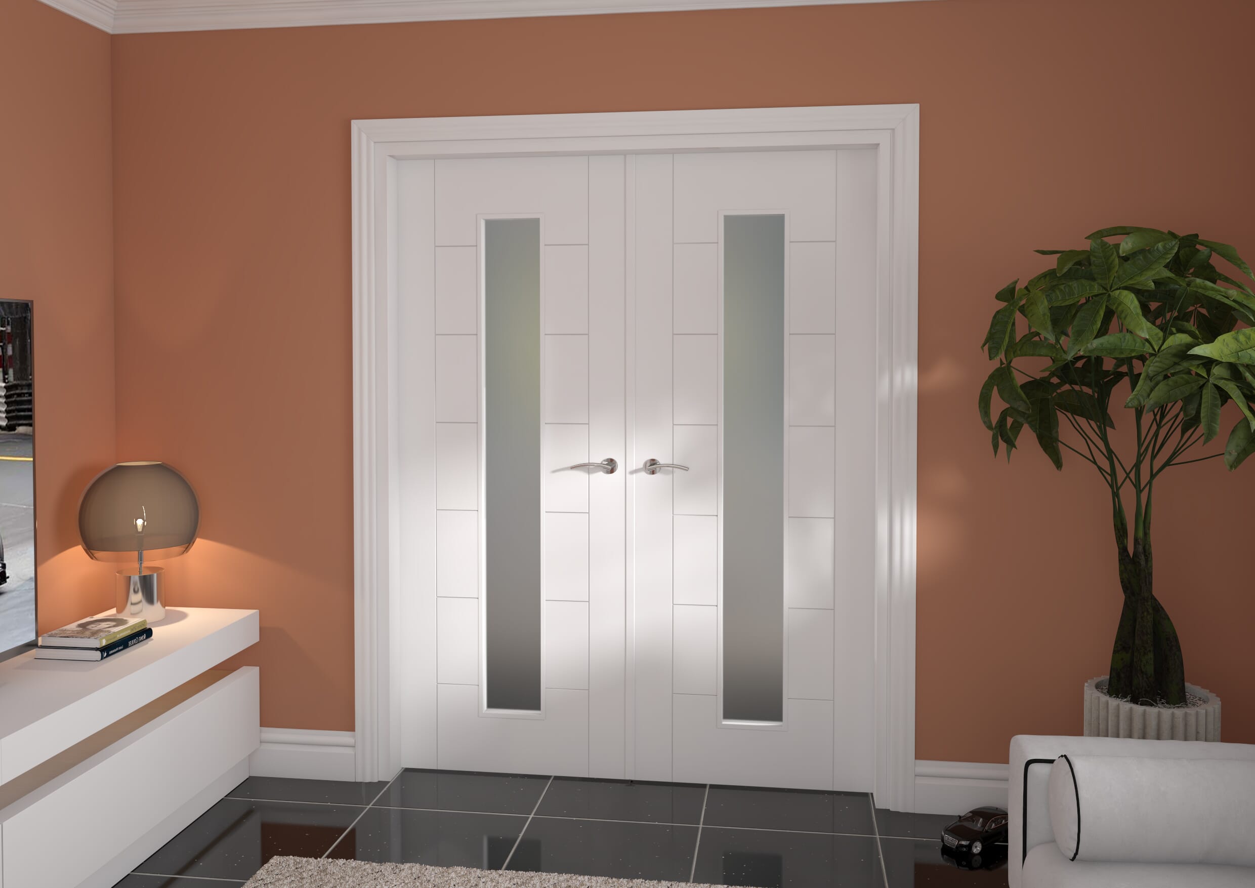 1580x2021x133mm Modern 7 Panel White Frosted Glazed French Door Set