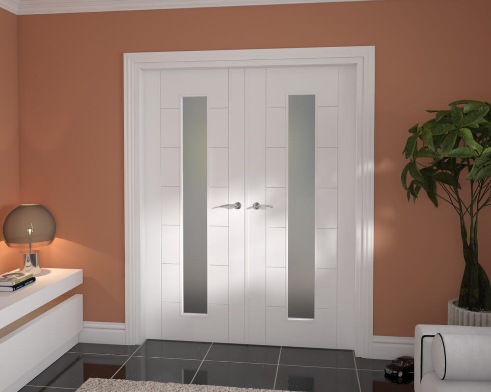 1580x2021x133mm Modern 7 Panel White Frosted Glazed French Door Set