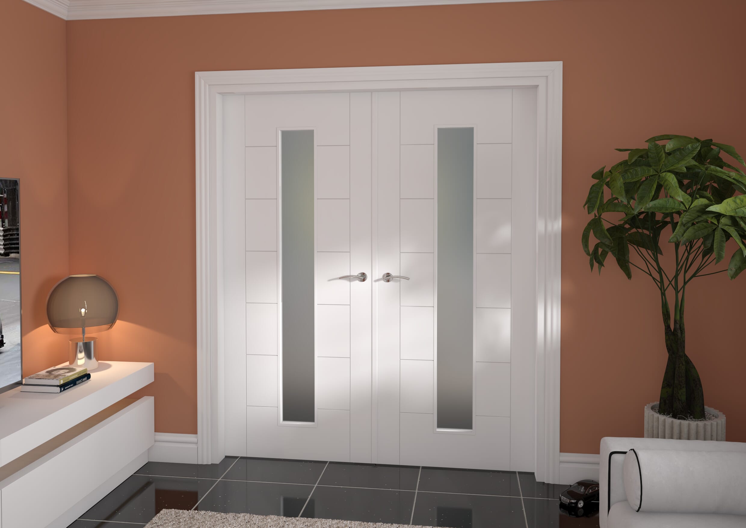 1732x2021x133mm Modern 7 Panel White Frosted Glazed French Door Set