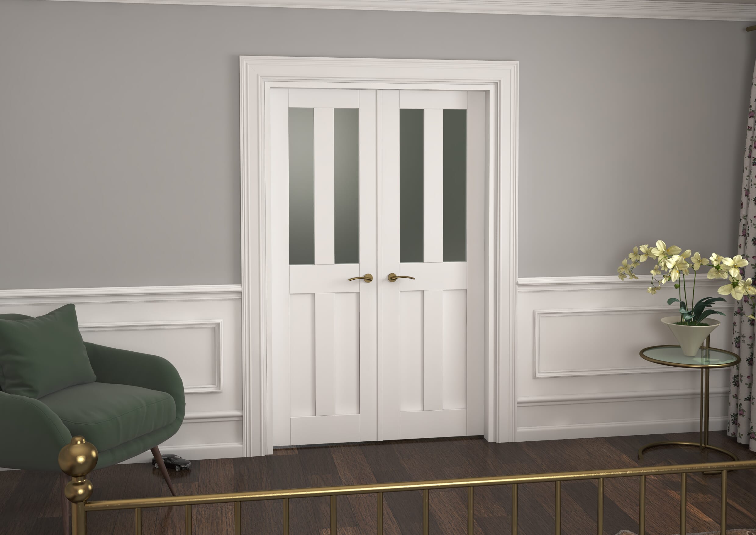 1276x2021x133mm Victorian Shaker Frosted Glazed White French Door Set Image