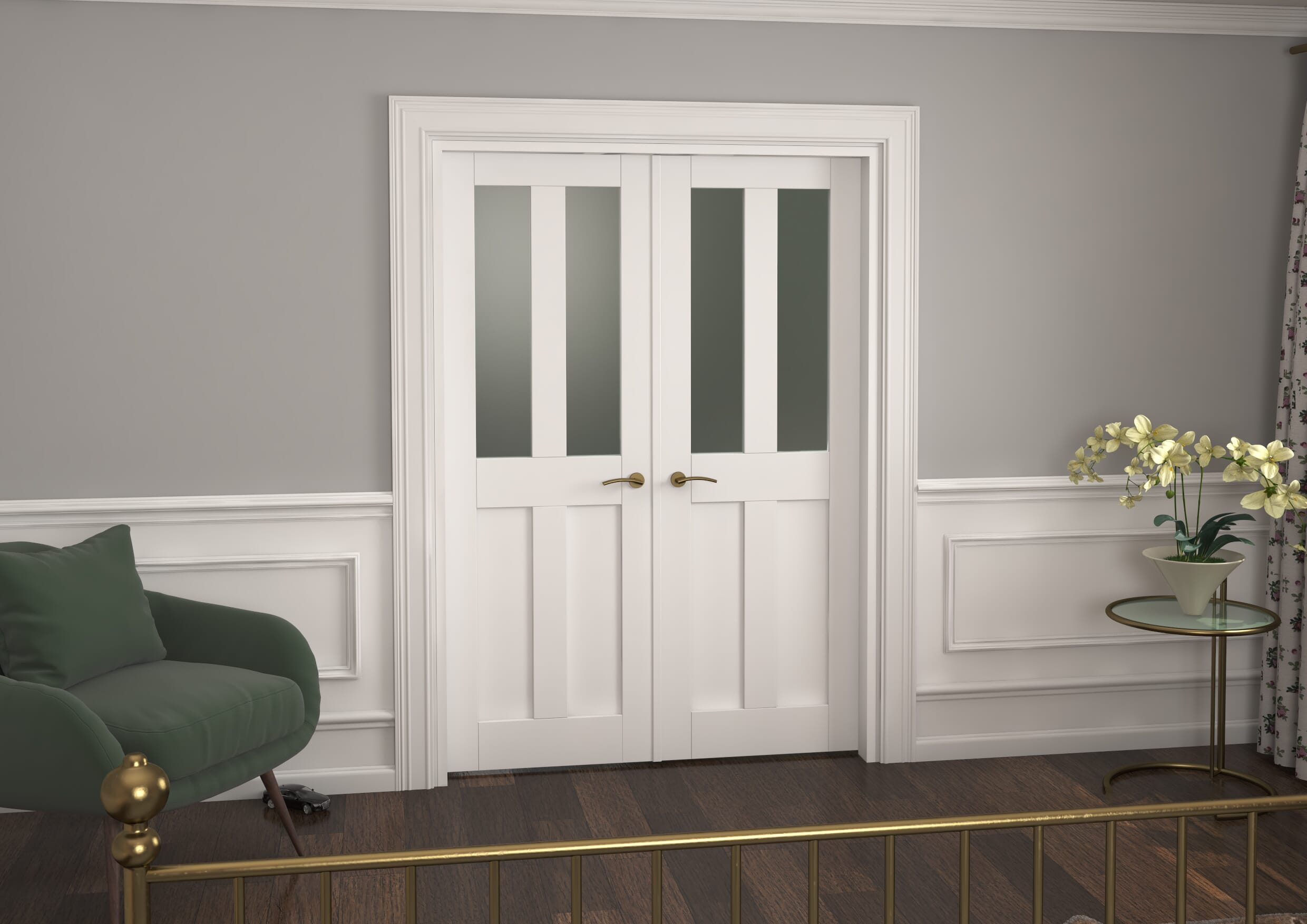 1428x2021x133mm Victorian Shaker Frosted Glazed White French Door Set Image