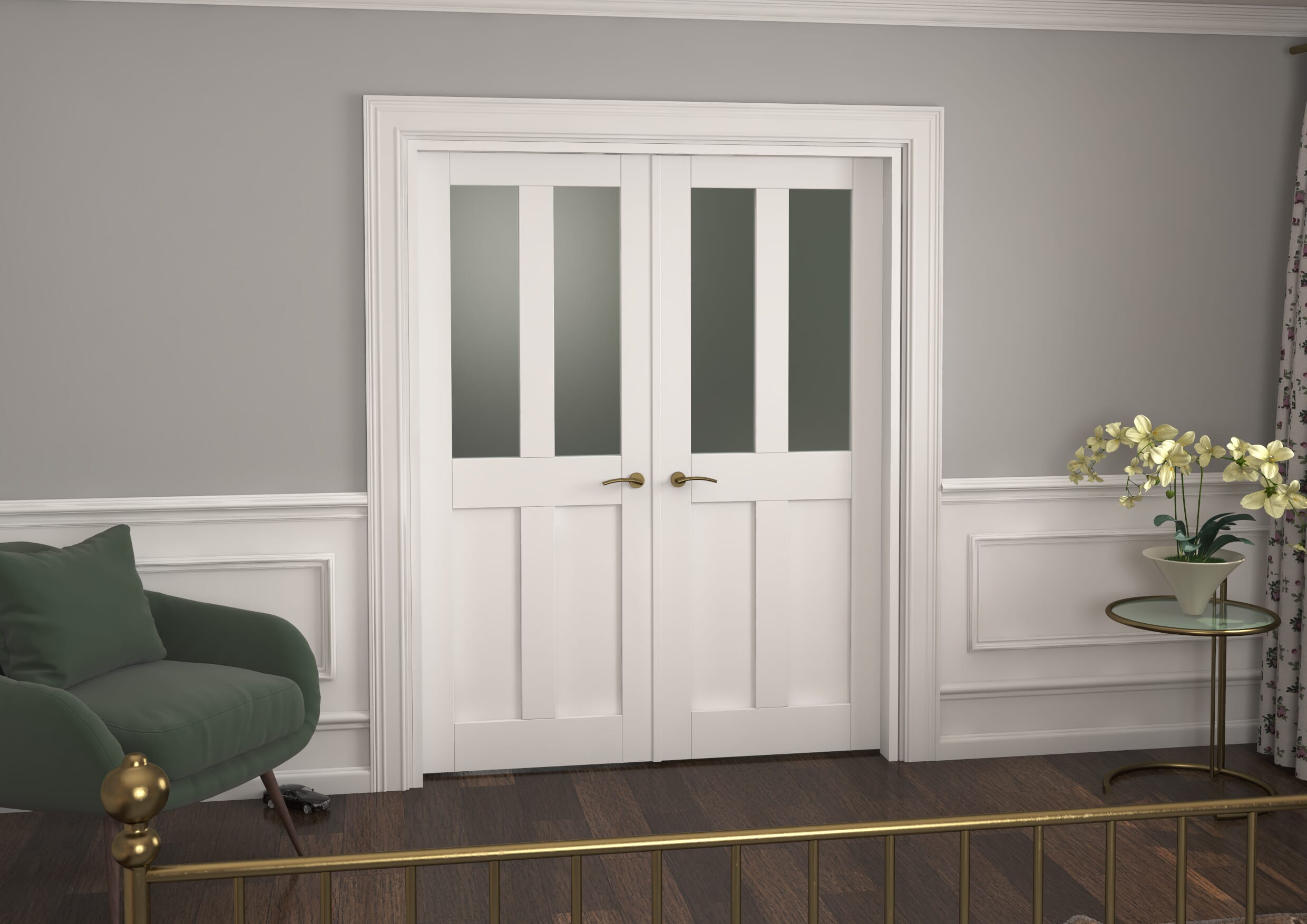 1580x2021x133mm Victorian Shaker Frosted Glazed White French Door Set Image
