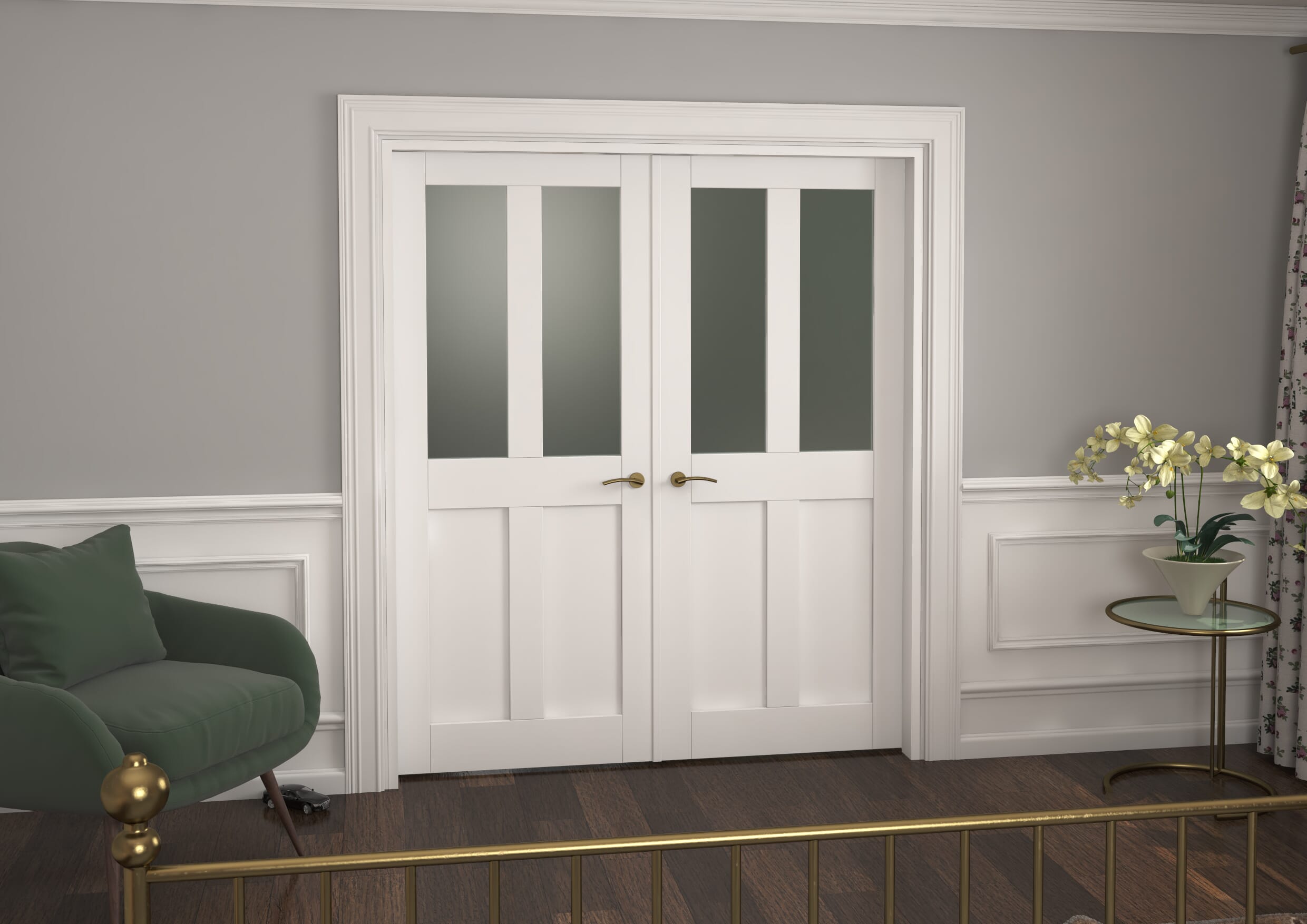 1732x2021x133mm Victorian Shaker Frosted Glazed White French Door Set Image