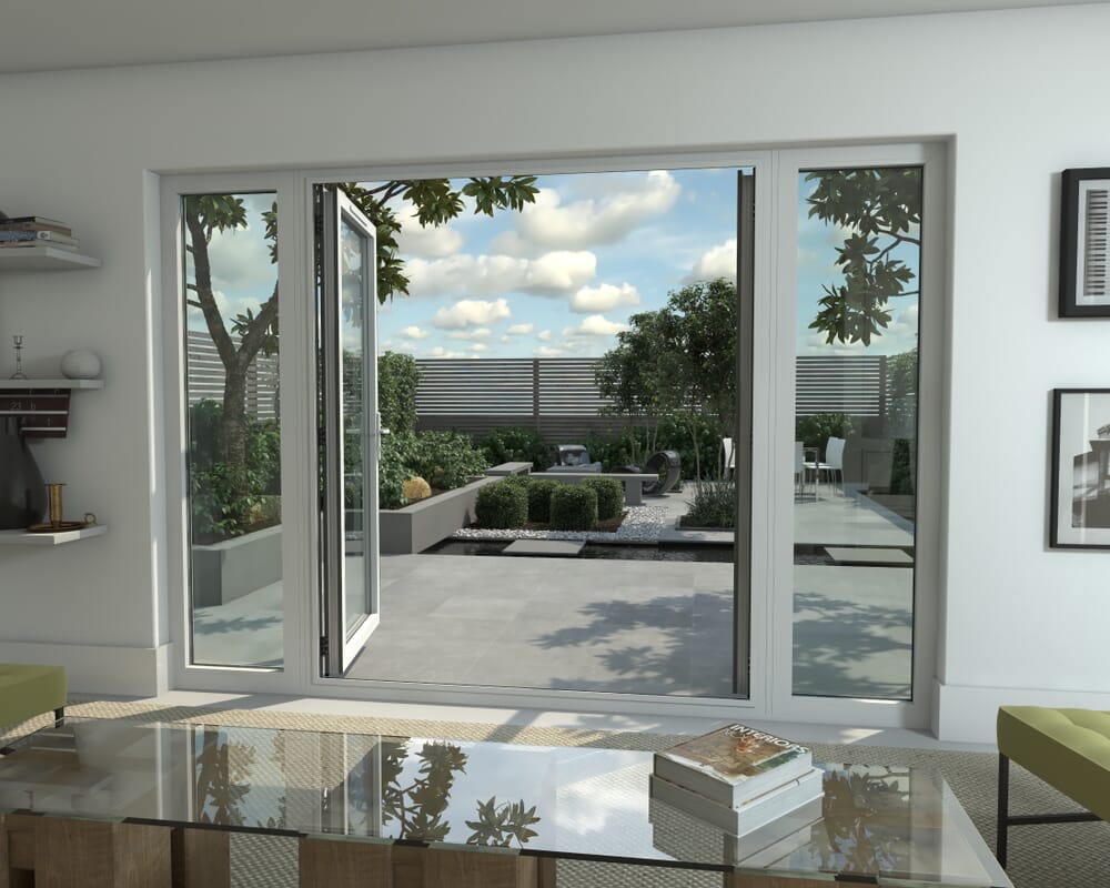 3000mm Open Out White Aluminium French Doors (1800mm Doors + 2 x 600mm Sidelights)