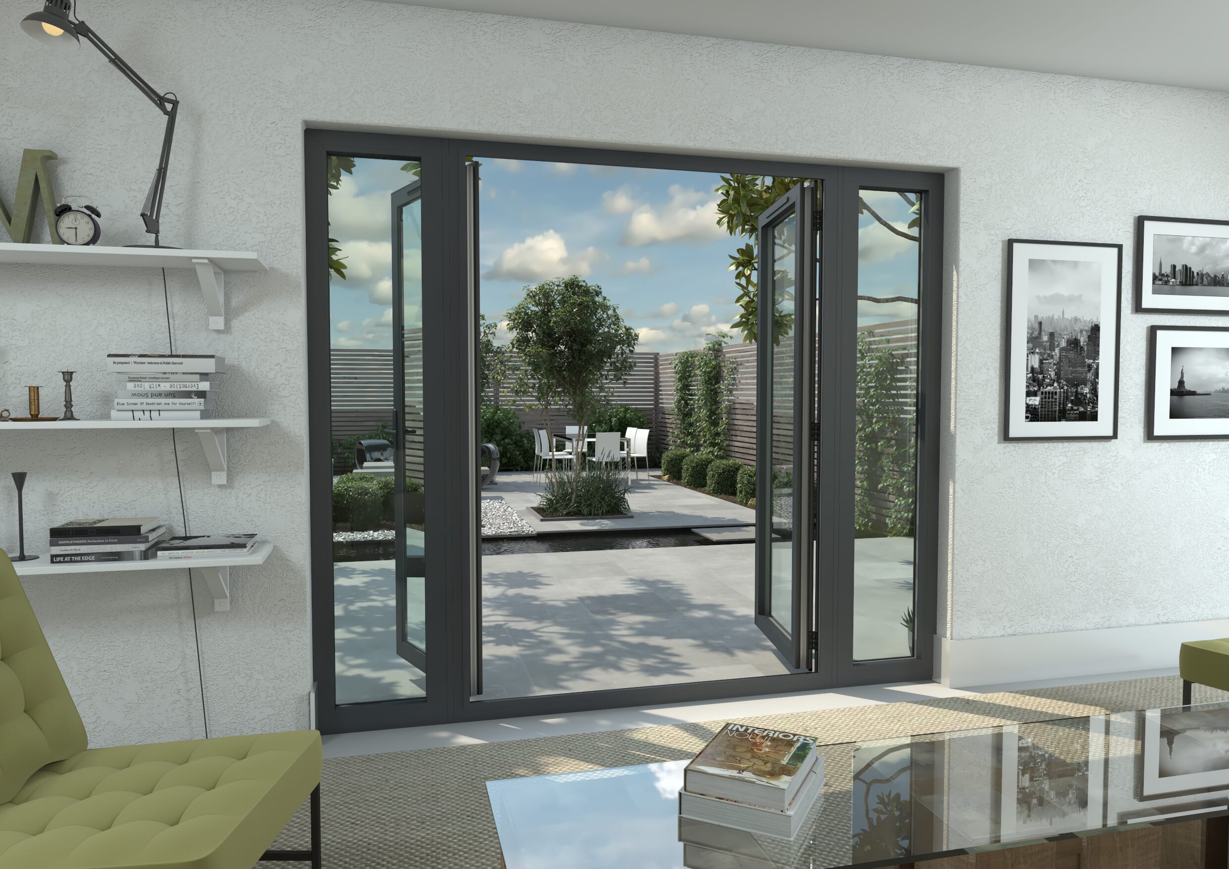 2400mm Open Out Grey Aluminium French Doors (1500mm Doors + 2 x 450mm Sidelights)