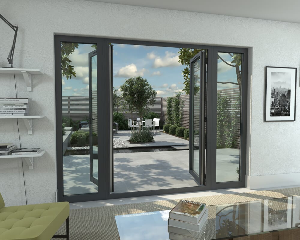 2700mm Open Out Grey Aluminium French Doors (1500mm Doors + 2 x 600mm Sidelights)
