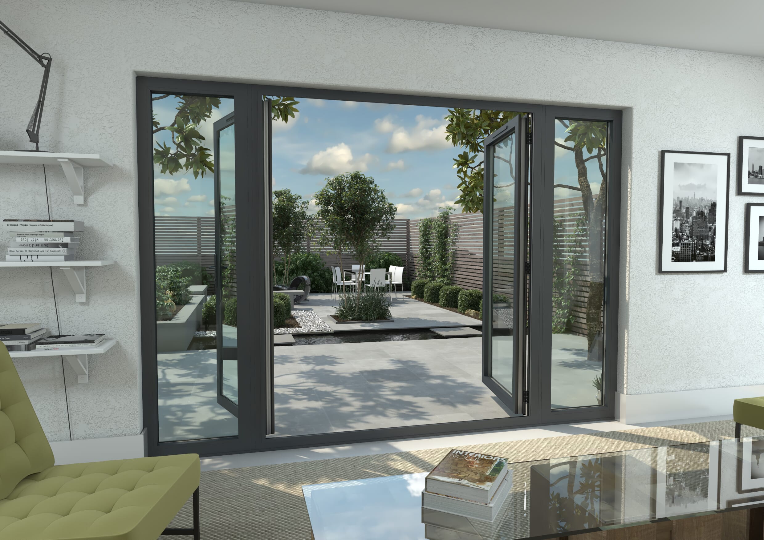 3000mm Open Out Grey Aluminium French Doors (1800mm Doors + 2 x 600mm Sidelights)