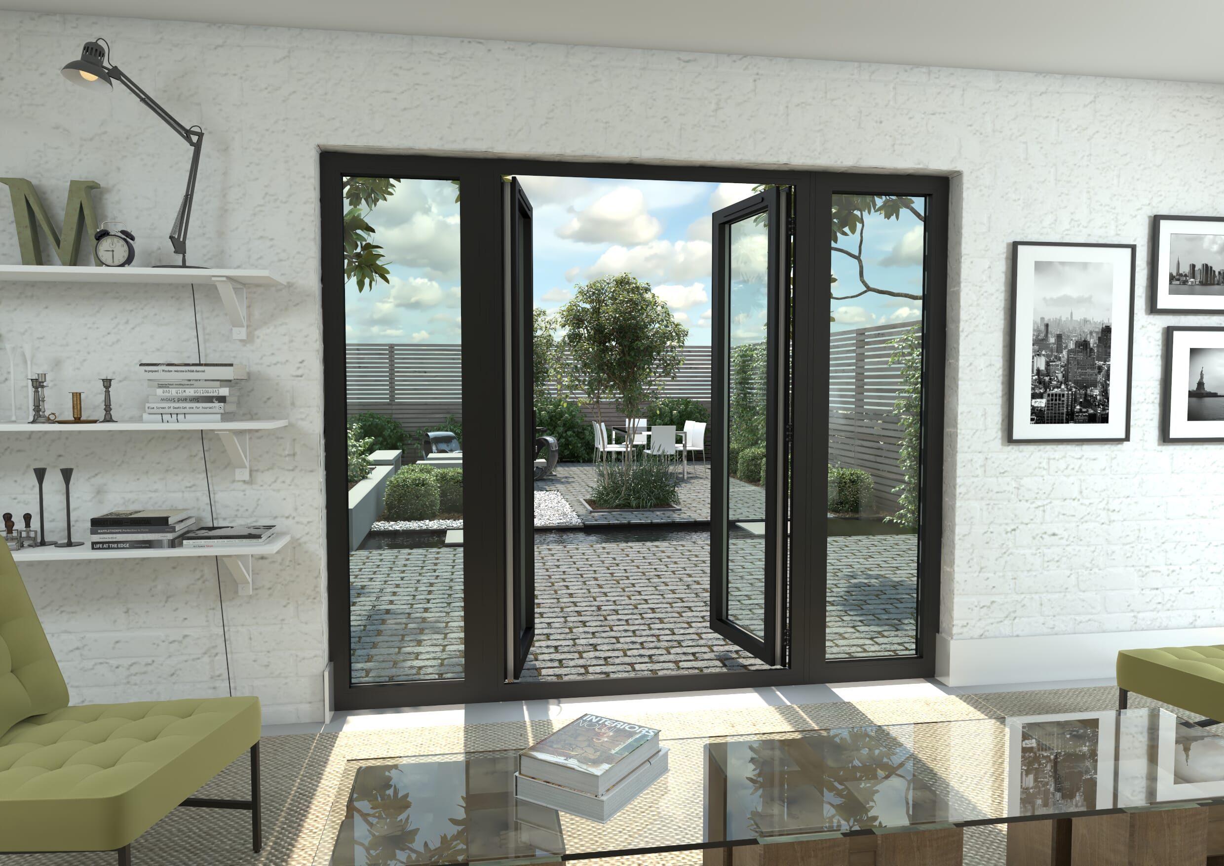 2400mm Open Out Black Aluminium French Doors (1200mm Doors + 2 x 600mm Sidelights)