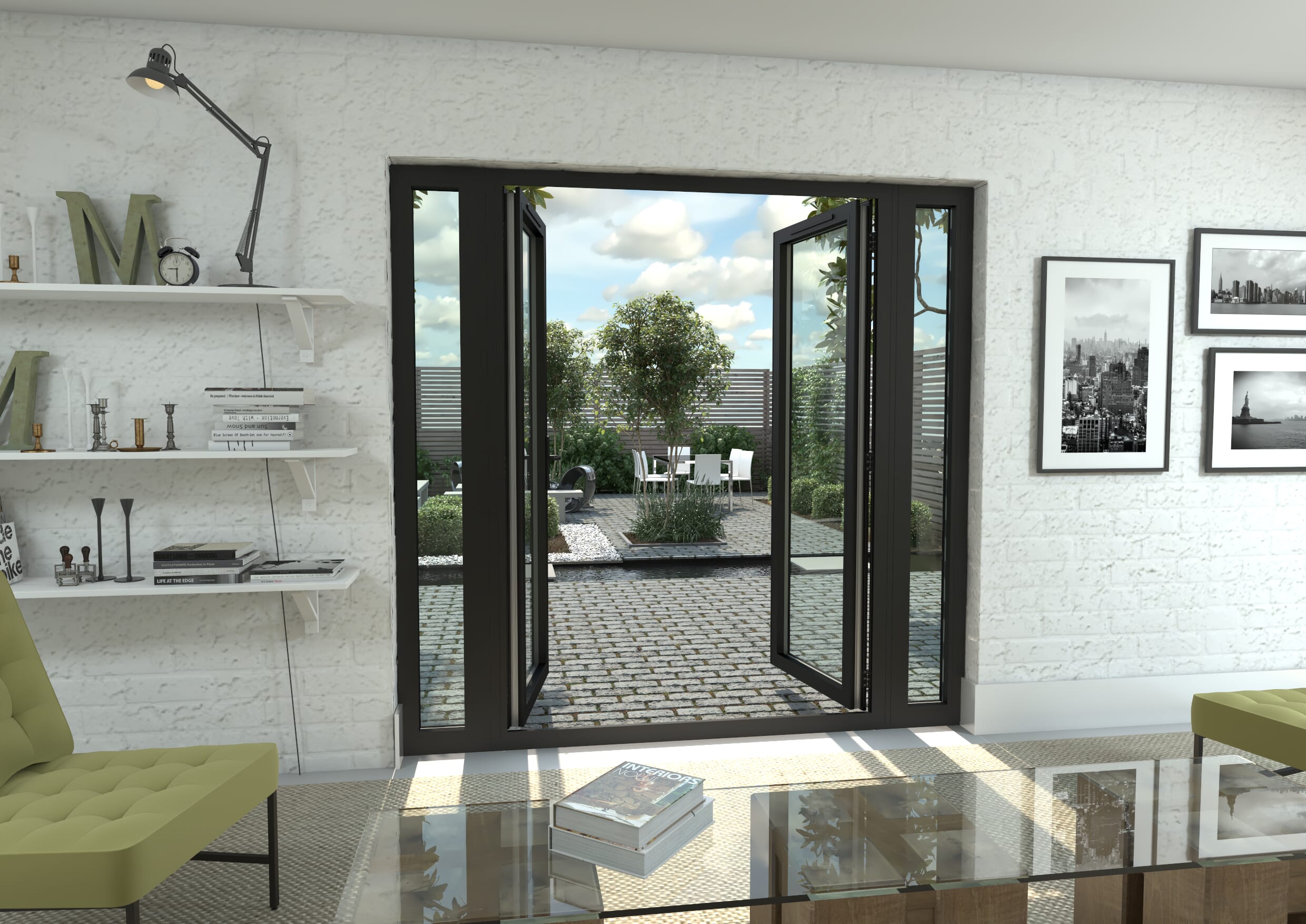 2100mm Open Out Black Aluminium French Doors (1500mm Doors + 2 x 300mm Sidelights)
