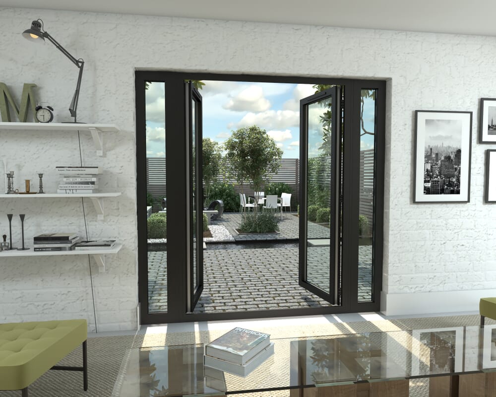 2100mm Open Out Black Aluminium French Doors (1500mm Doors + 2 x 300mm Sidelights)