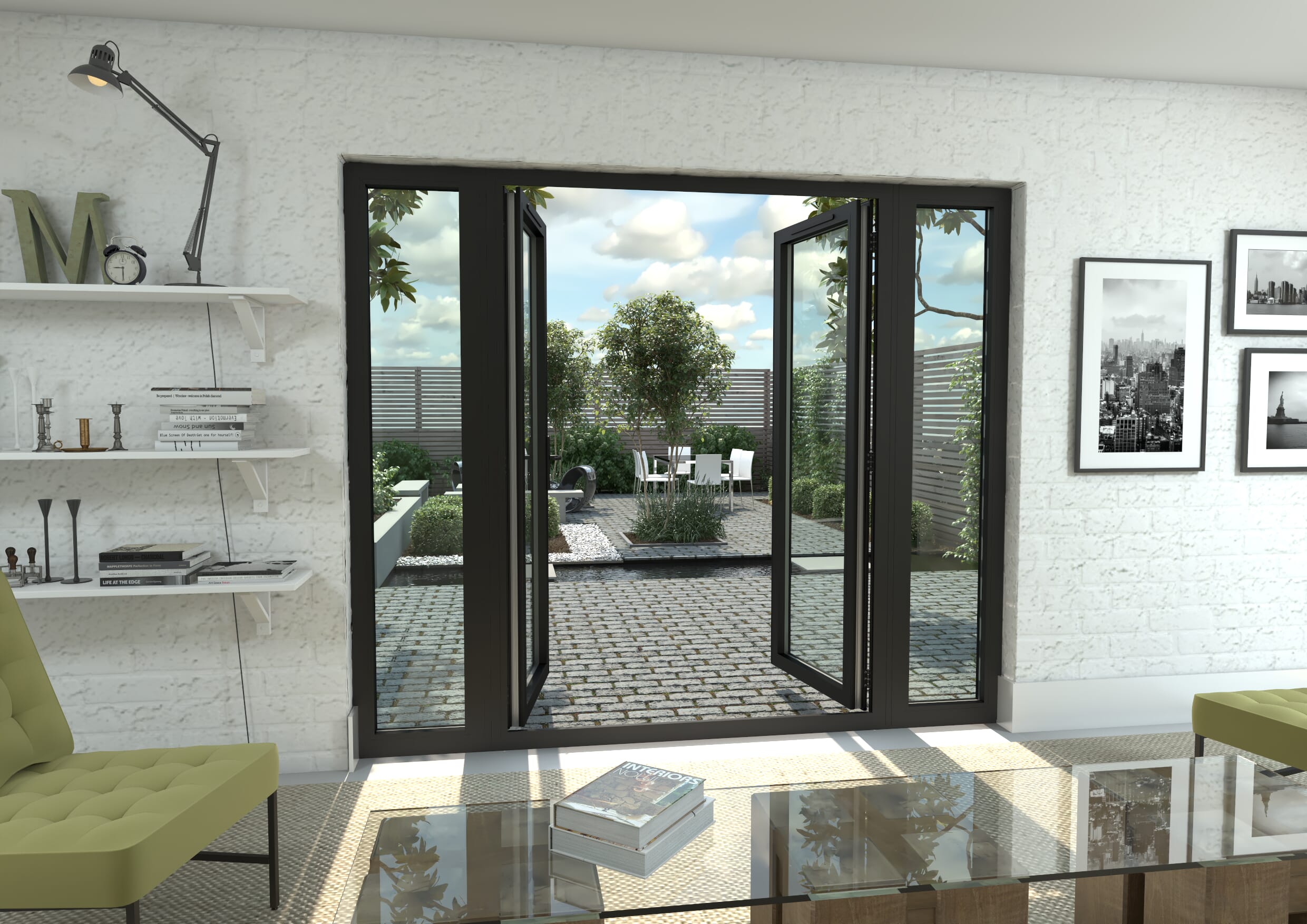 2400mm Open Out Black Aluminium French Doors (1500mm Doors + 2 x 450mm Sidelights)