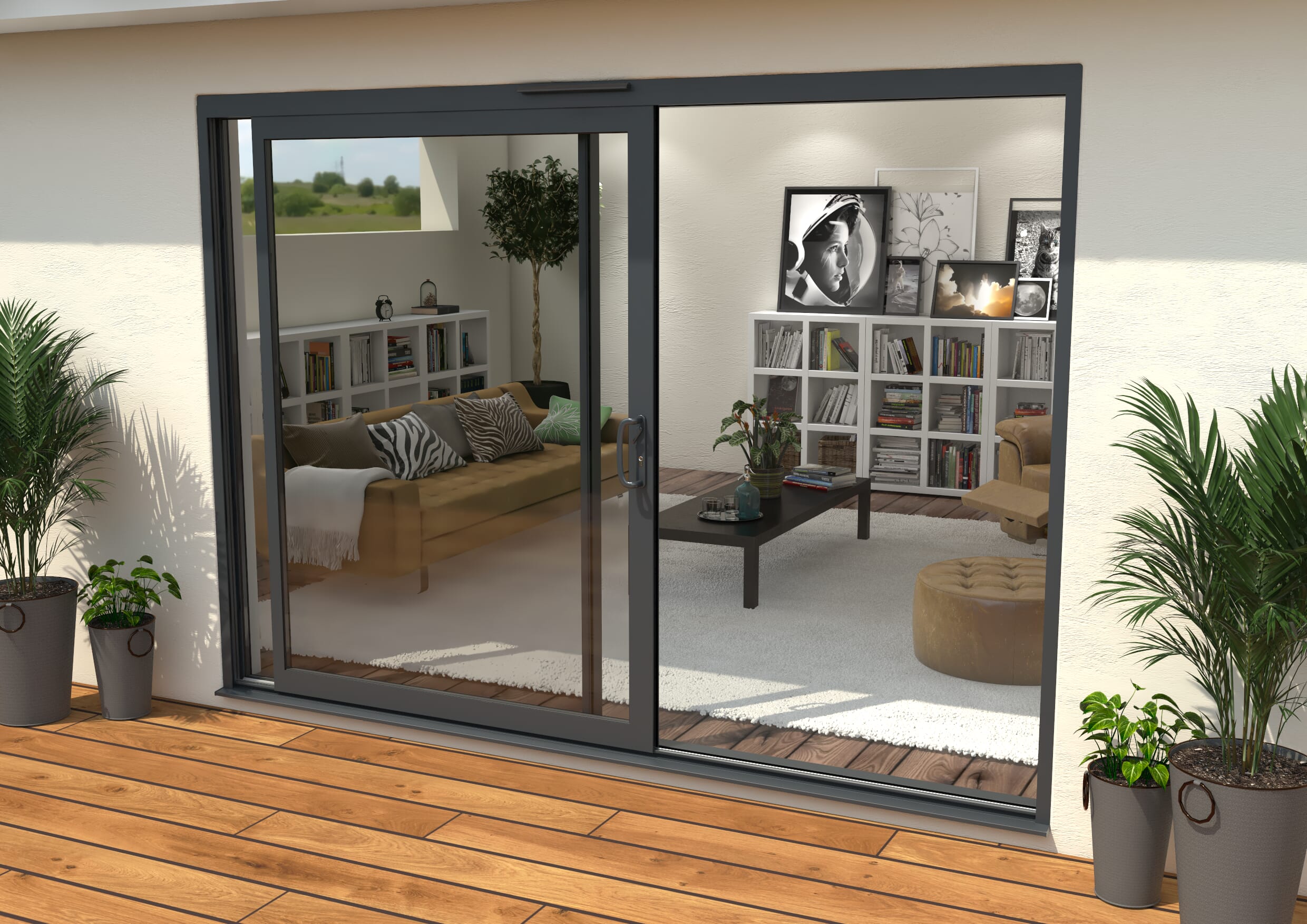 3000mm Supreme Anthracite Grey Aluminium Sliding Doors RH Sliding / LH Fixed