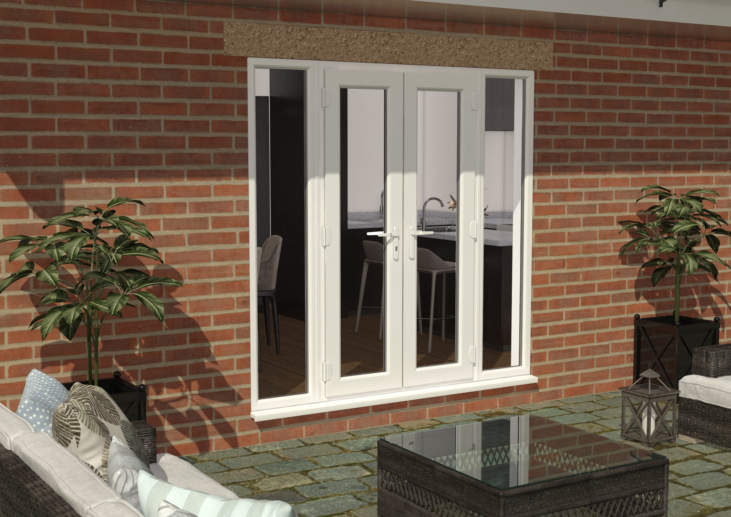 1800mm Part Q White UPVC French Doors (1200mm Doors + 2 x 300mm Sidelights)