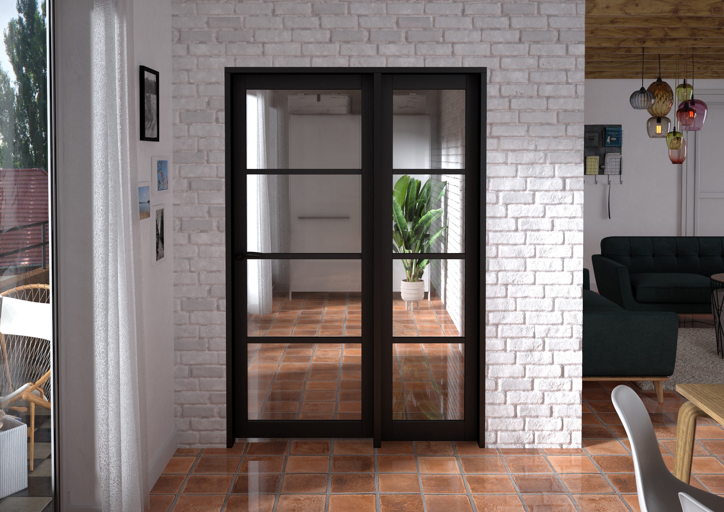 Kensington Black 4L Glazed Prefinished Internal Door with Sidelights