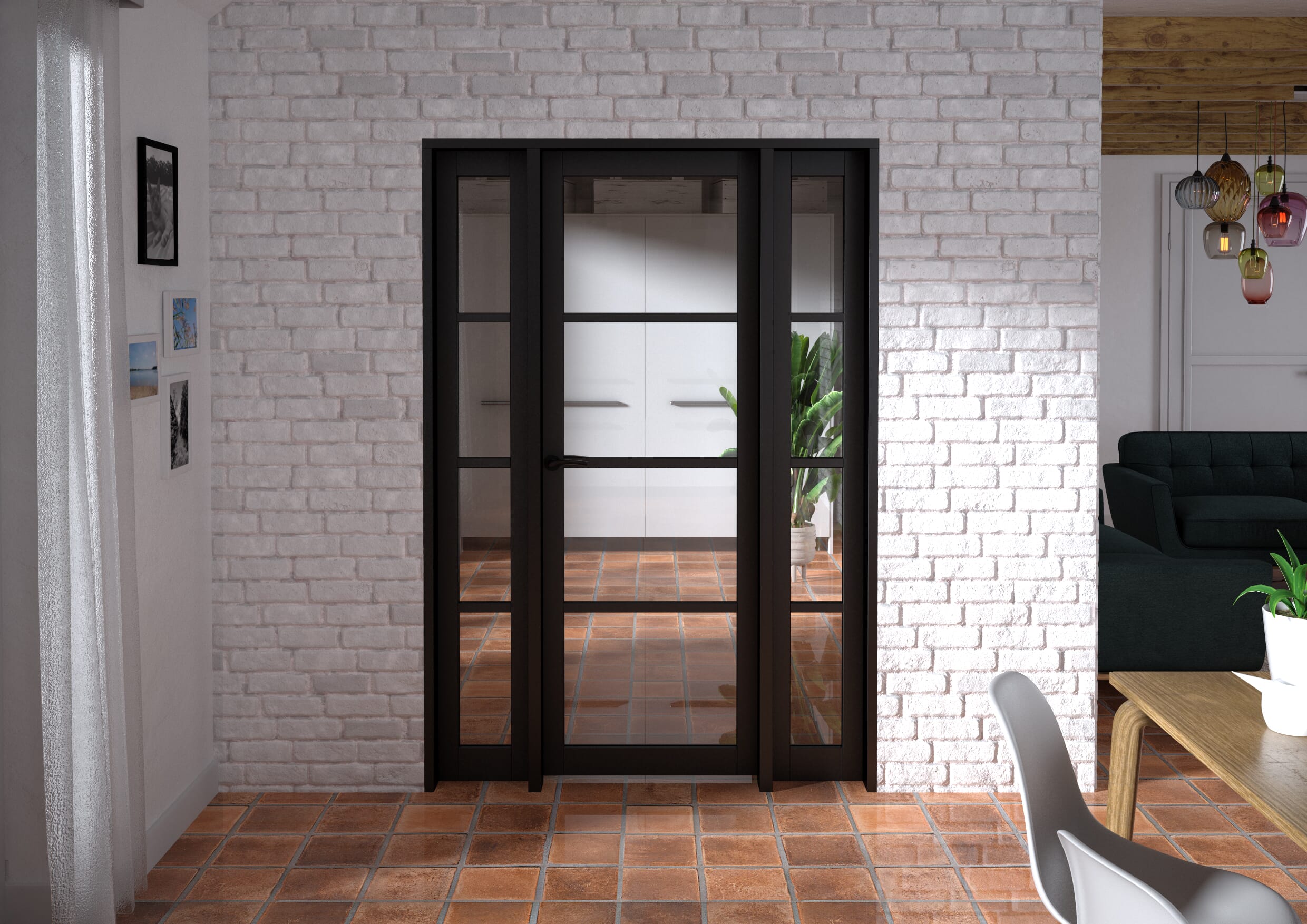 1382x2021x133mm Kensington Black 4L Glazed Prefinished Internal Door with Sidelights
