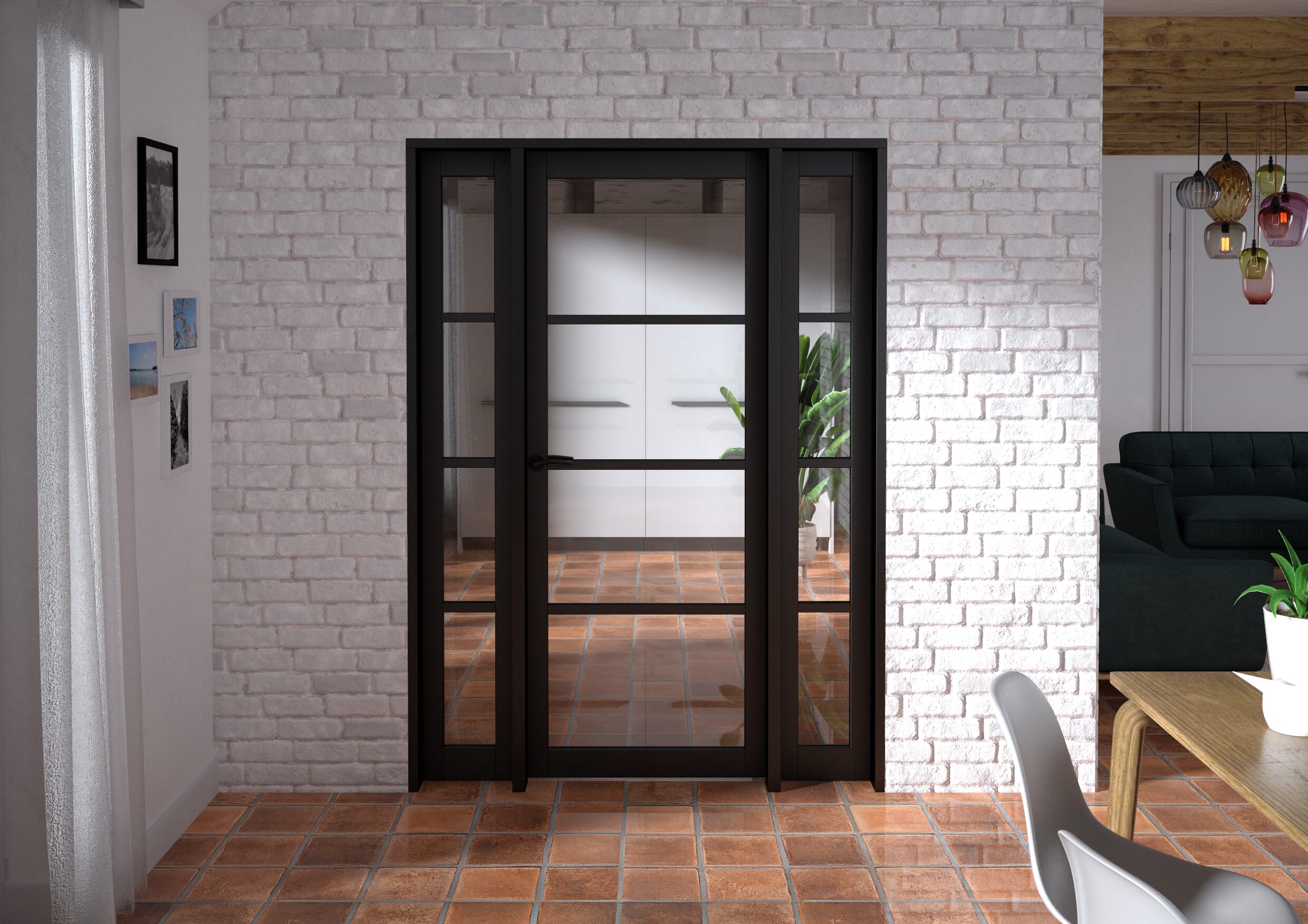 1458x2021x133mm Kensington Black 4L Glazed Prefinished Internal Door with Sidelights